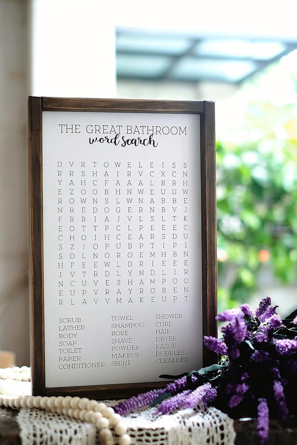 Lavender Inspired Word Search-Framed Wooden Sign-Funny Bathroom Wall Art Decor-Rustic Farmhouse Sign-Half Bath Decor-Kids Decor-Housewarming Present (WHITE)