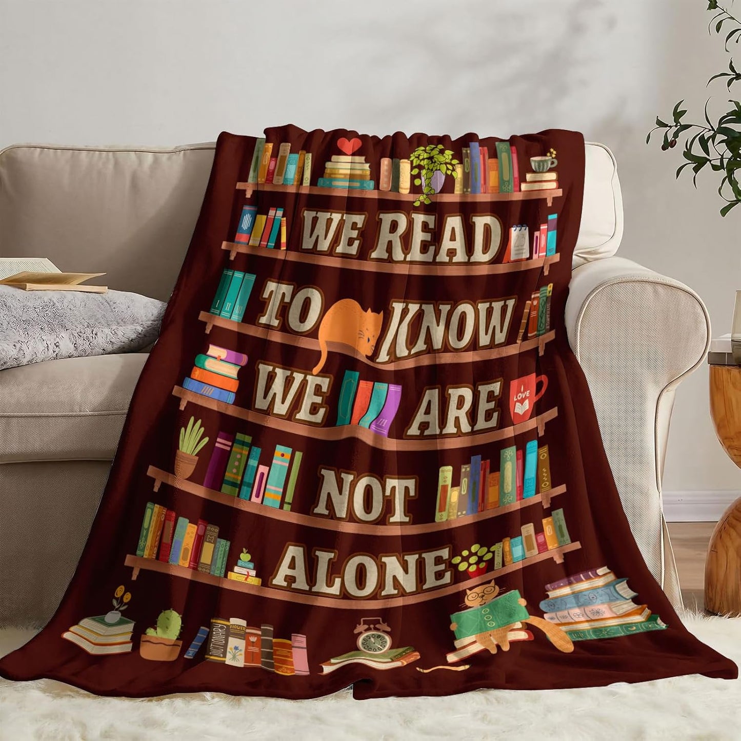 Decorative Reading Throw Blanket, Fuzzy Soft Cozy Flannel Blanket for Home Bed Sofa Couch, Motivational Bookshelf Design, 50x60 Inch