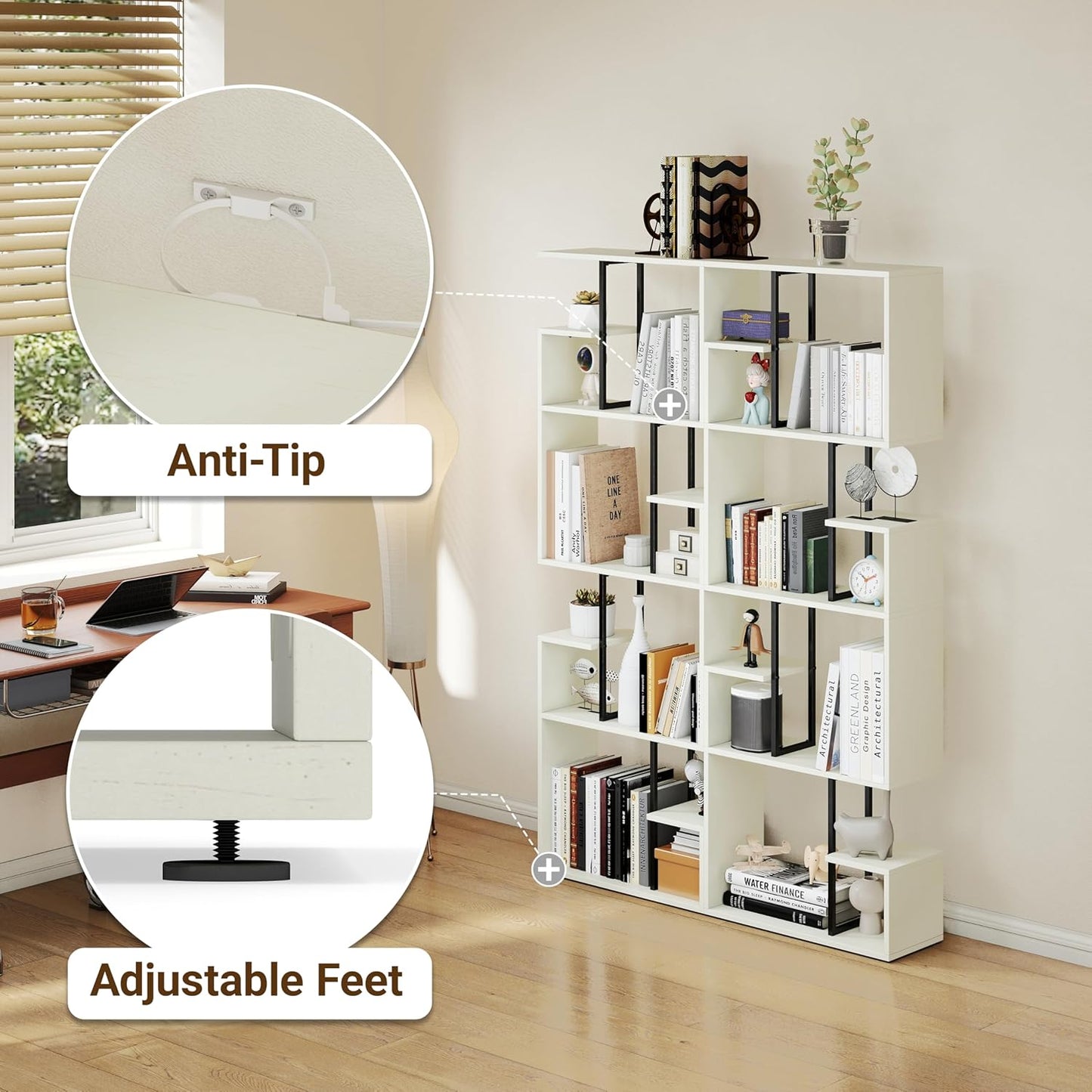 Manora 4 Tier Geometric Bookcase, S Shaped Bookshelf, Modern White Bookcase with Tall Display Shelves, Decorative Storage Shelf for Living Room and Bedroom