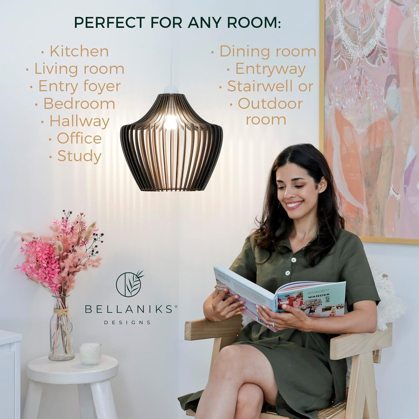 Wood Pendant Light - Easy-to-Assemble Ceiling Chandelier - Modern Boho Hanging Lamp Lighting Fixture for Dining, Kitchen, Bedroom, Living Room - Adjustable Nylon Cord, Uses Standard Bulb