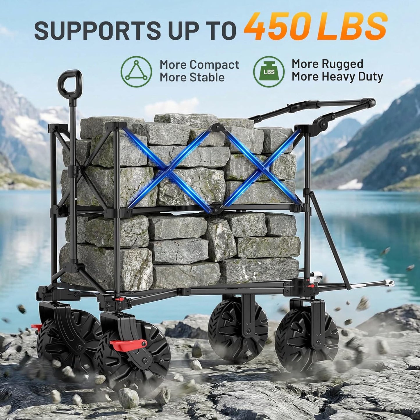 TIMBER RIDGE Push & Pull Double Decker Wagon, 400L Large Capacity Heavy Duty & 450lb Load, Collapsible Cart with All-Terrain Wheels & Brakes, 54” Extended Foldable for Sports, Beach, Camping, Grey