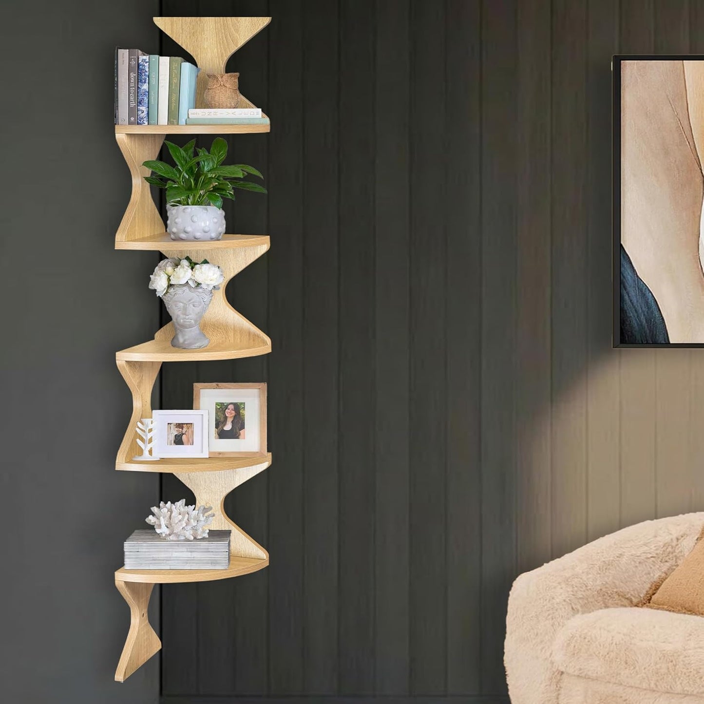 Zigzag Corner Shelf, Wood Corner Wall Shelf, 5 Tier Floating Corner Shelves for Small Space Storage, Corner Bookcase for Living Room, Home Office, Bedroom, (Natural, 5 Tier)