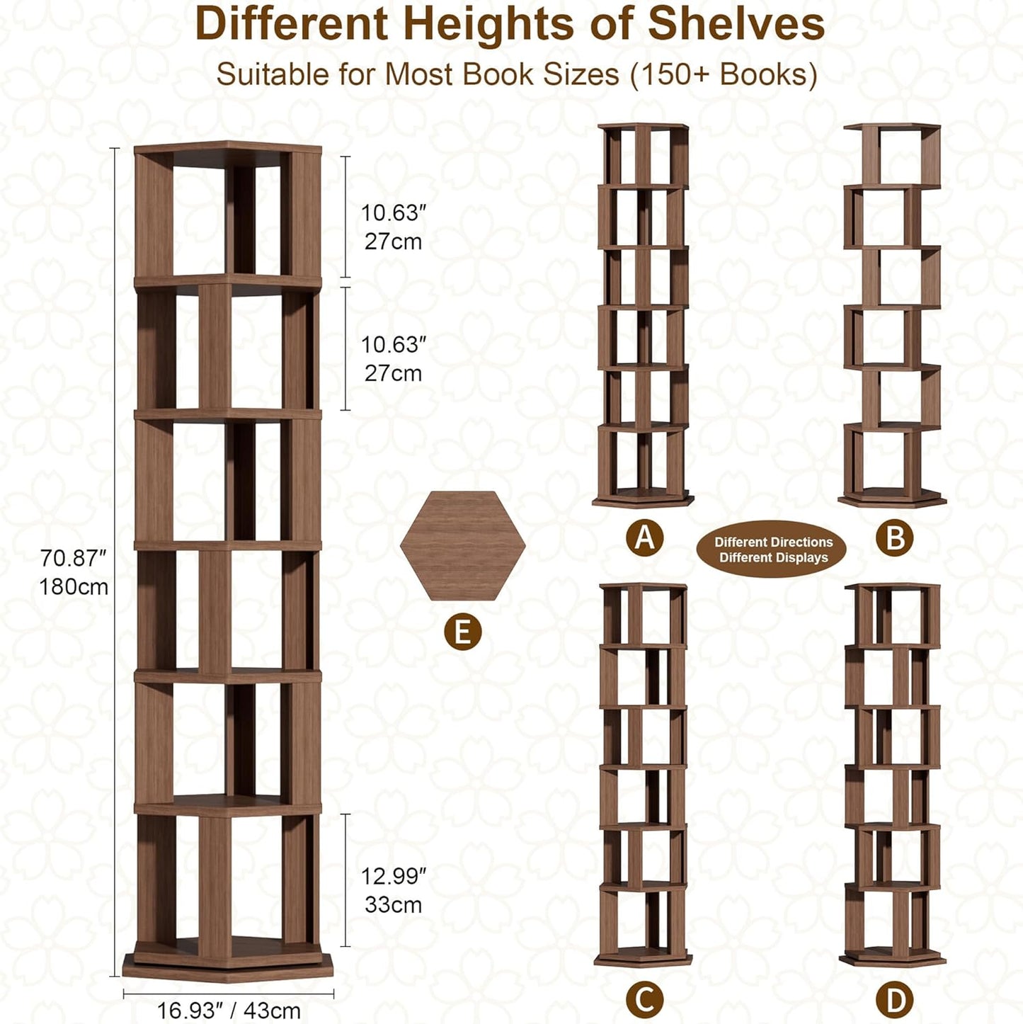 Rotating Bookshelf Tower, 6 Tier Spinning Book Shelf, Wood Round Revolving Bookcase, Narrow Rolling Bookshelves, Vertical Book Storage for Corner Small Spaces, Bedroom, Living Room,Walnut
