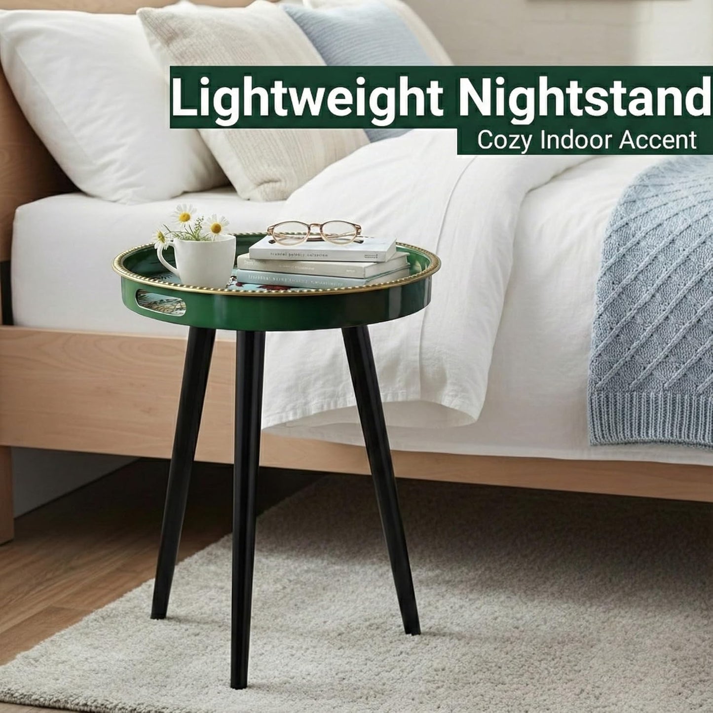 Zosenley Small Round Side Table - 13 Inch Emerald Green Boho End Table with Vintage Cheetah Pattern Tray - Unique Tropical Accent Table with Moisture-Resistant Wrapped Legs for Living Room & Bedroom