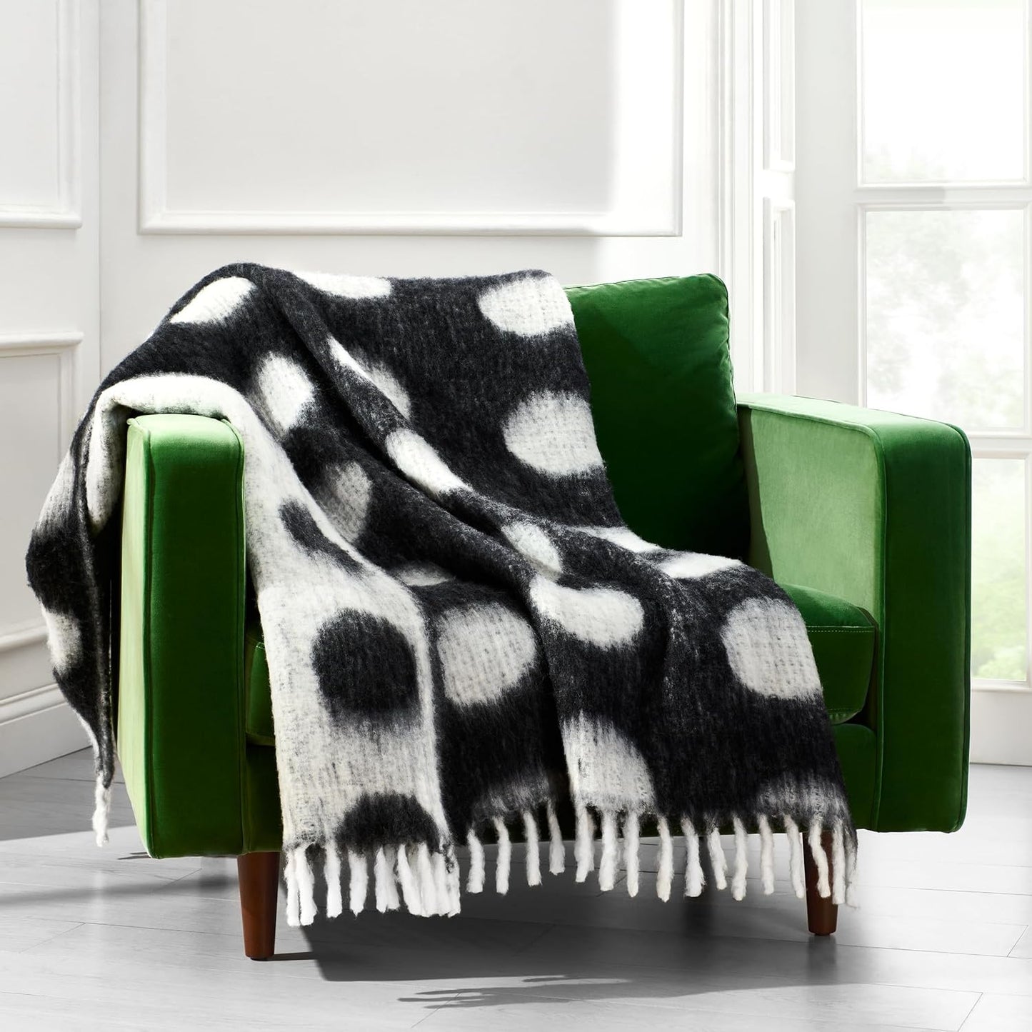 kate spade new york Dots Throw, 50" x 70", Mohair Blend Decorative Throw for Couch, Bed, Sofa, Brushed Dots Design with Fringe, Home Decor for Living Room, Bedroom, or Dorm, Black & White