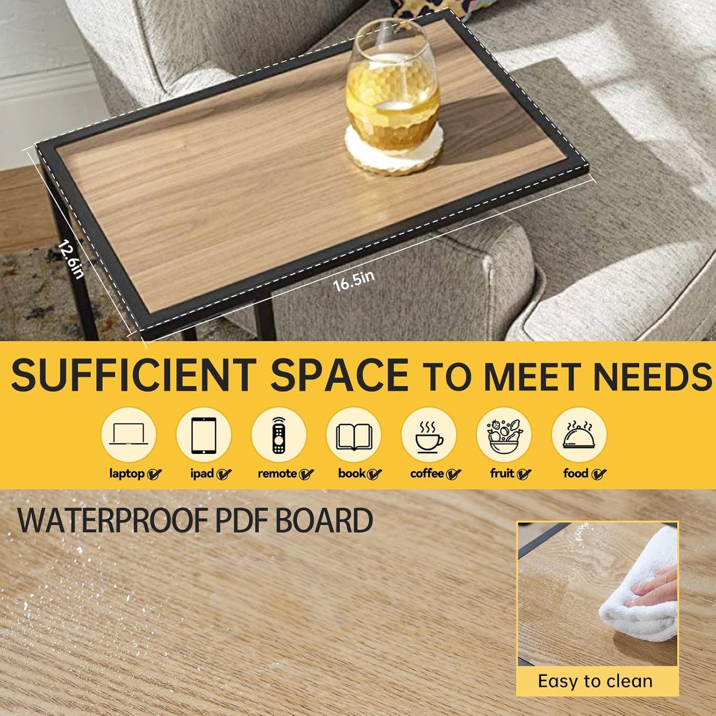 C Shaped End Table - Small Tv Tray Couch Side Table for Small Spaces,Living Room,Bed side,Slide Under Sofa Snack Table Desk for Eatting Dinner,Drink,Adjustable Metal Laptop Stand,Rustic 26'' Tall