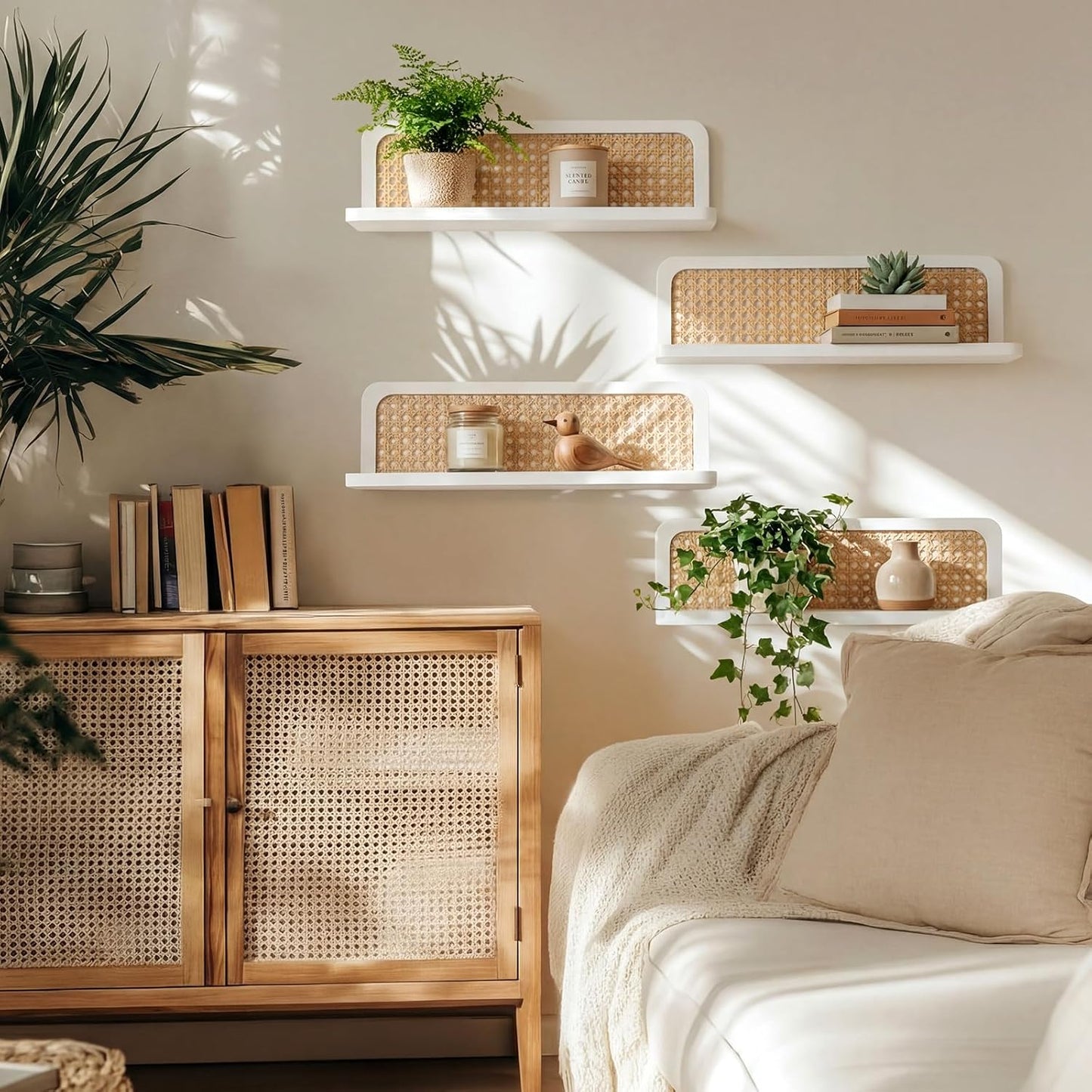 Kathfly Floating Shelves for Wall Set of 4 Mounted Rustic Boho Rattan Wood Wall Shelves for Bathroom Bedroom Living Room Kitchen 15.7 White Hanging Shelf for Book Storage Farmhouse Decor