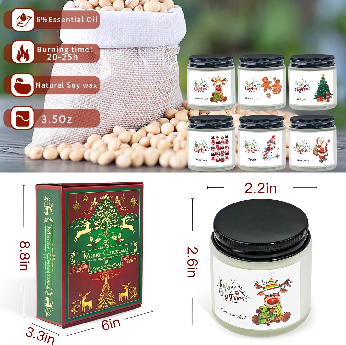 Christmas Scented Candles for Home, 6 Pack Soy Set, 21 oz Jar, Perfect Gifts for Women/Coworker/Girlfriend/Friends