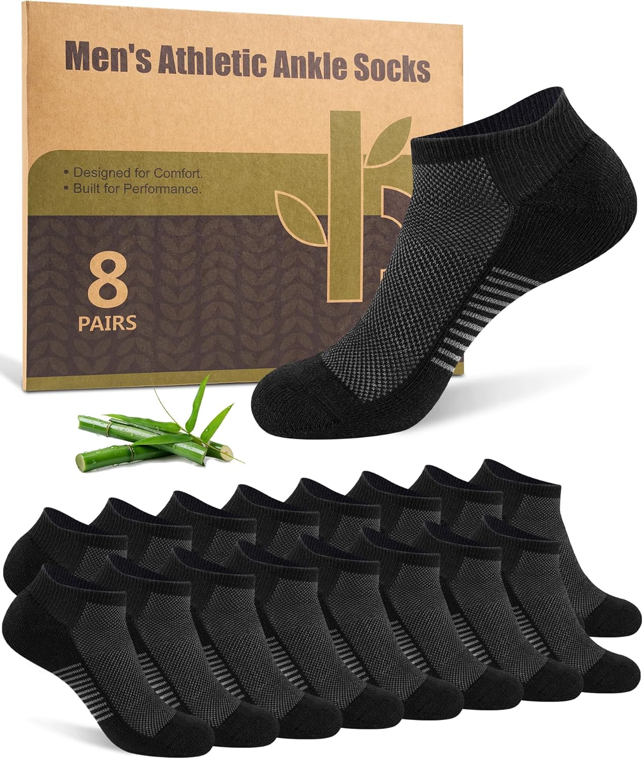 Ankle Socks for Men, Bamboo Socks Running Athletic Cushioned Moisture Wicking Low Cut Reinforced, 8 Pairs