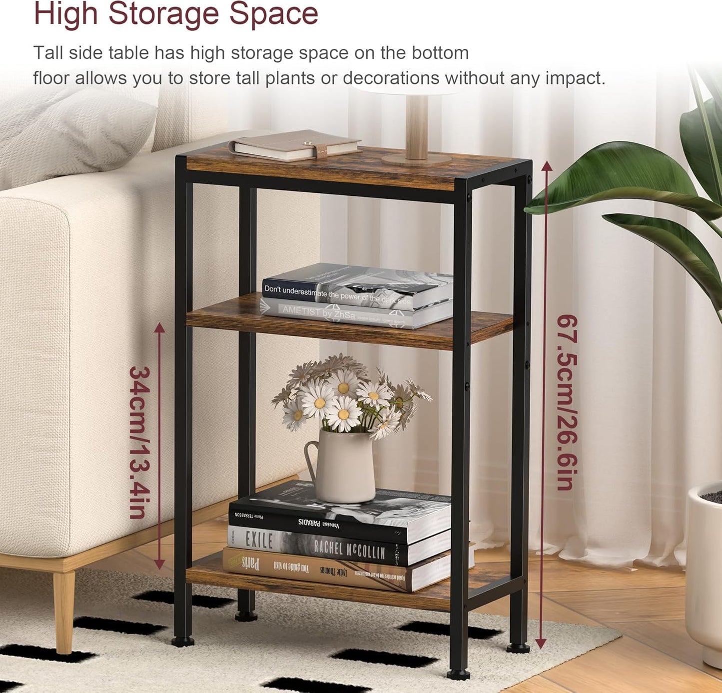 Narrow Side Table for Small Space, 3-Tier Small End Table with Shelf Holder, Slim Nightstand, Skinny Snack Couch Table in Living Room, Bedroom, Study, Kitchen and Balcony（Rustic Brown
