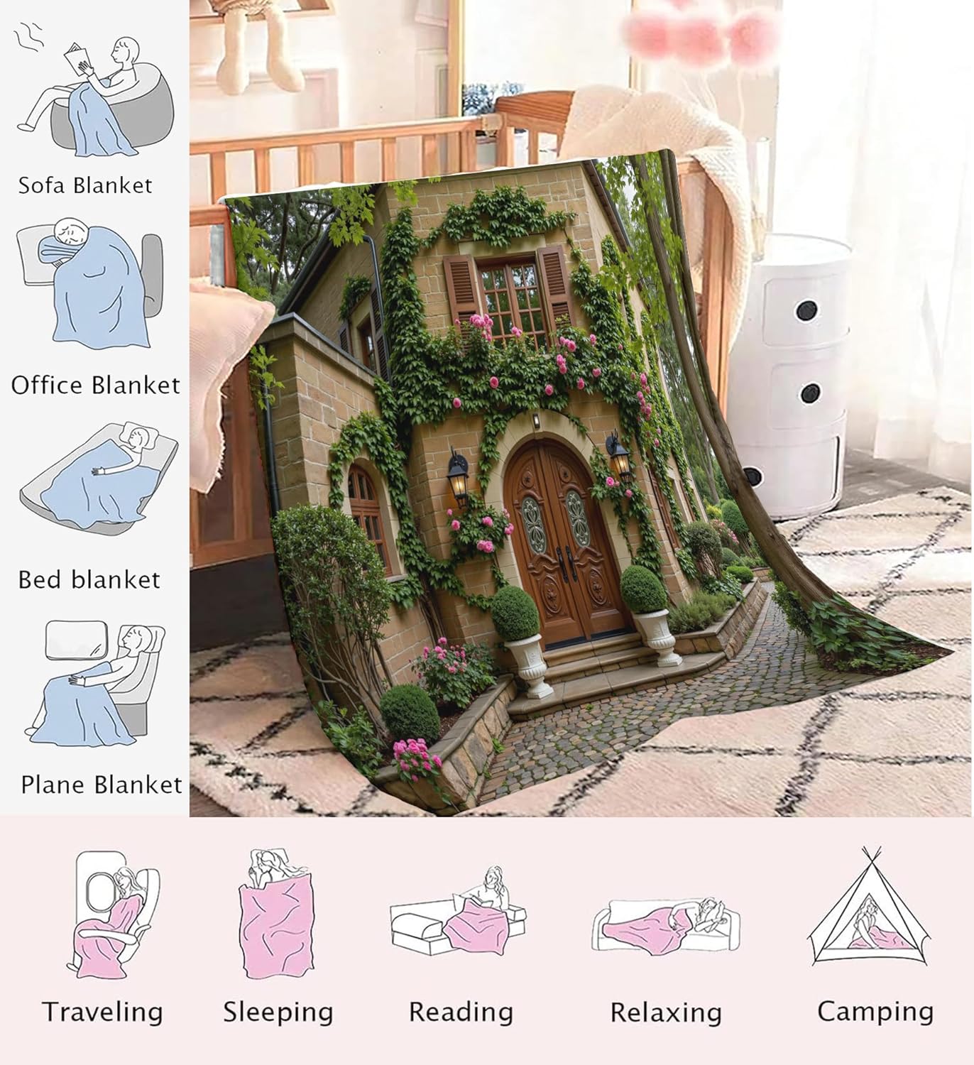 Ivy Wall Blankets Emerald Pumpkin Throw Blanket Soft Farmhouse Forest 3D Window View Wooden Door Flannel Fleece Blankets and Throws for Home Living Room Sofa Couch Bed Chair Decor,68 x 90 in