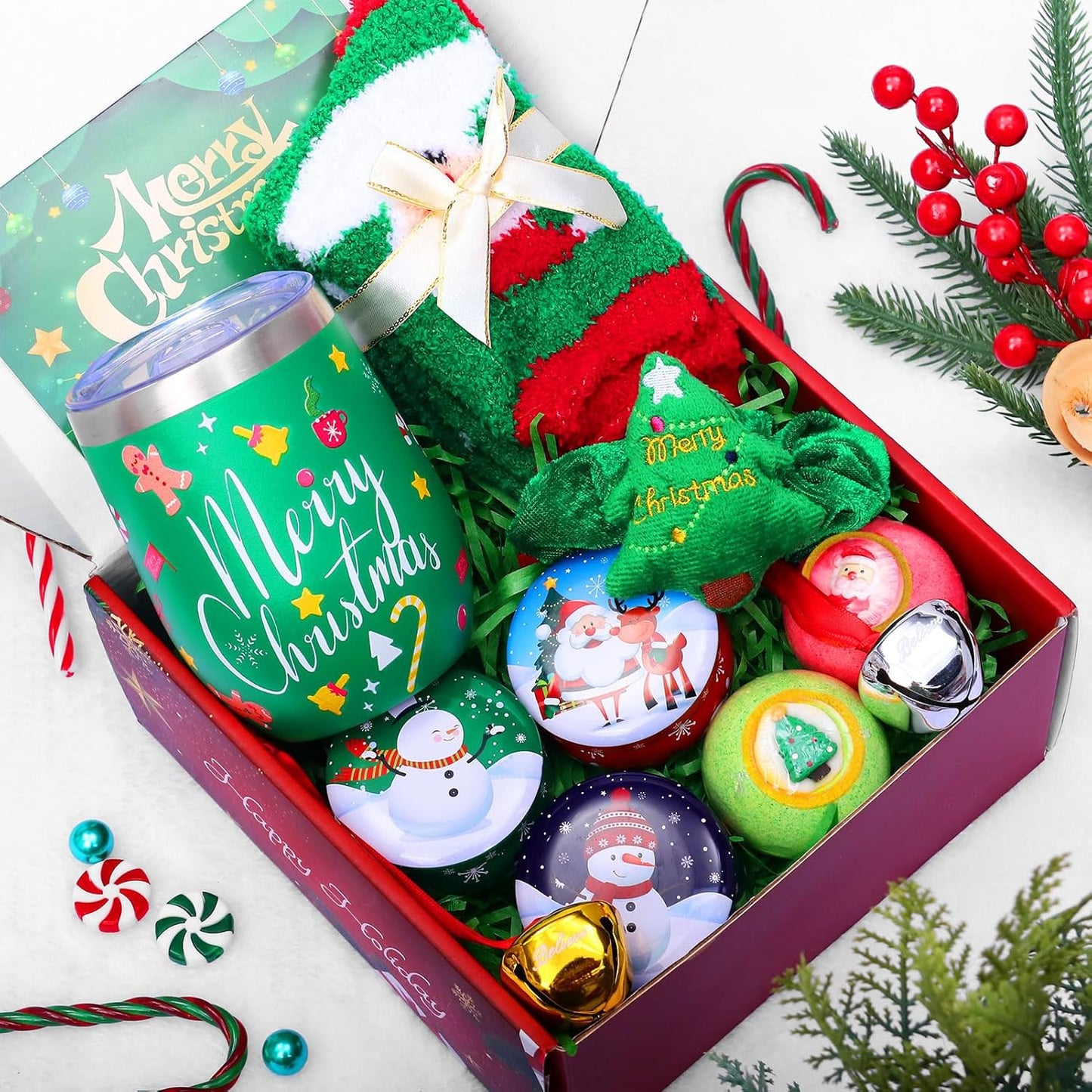 Women Gifts Baskets Christmas Spa Gift Basket Unique Holiday Gift Basket Gifts Ideas Set Xmas Gifts with 15oz Tumbler Sock for Teacher, Nurse, Coworker, Sister (Green)