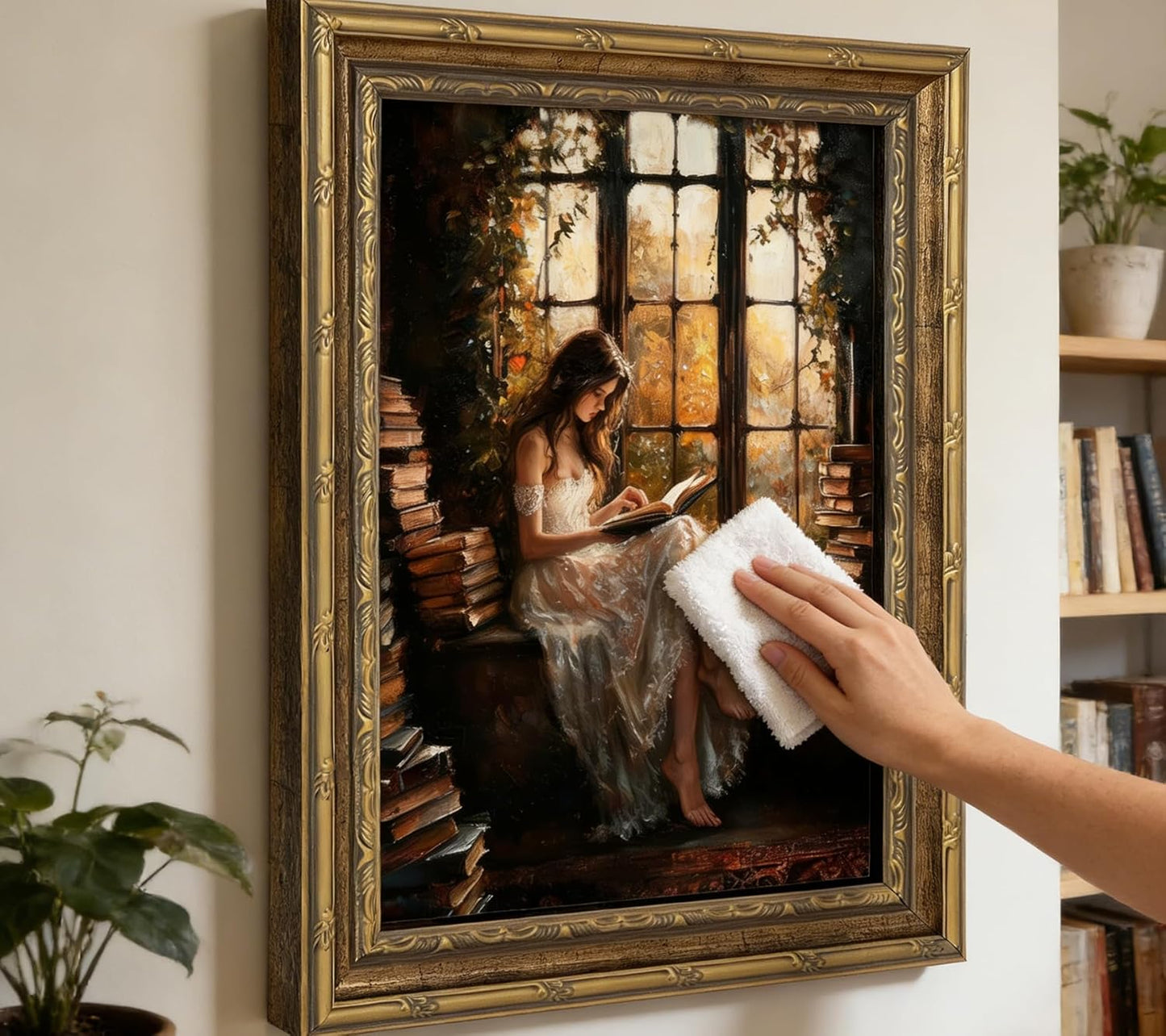 Gold Framed Canvas Wall Art, Vintage Woman Reading Book Painting Picture Wall Decor, Dark Victorian Preppy Poster Print Artwork for Bedroom, Living Room, Study Office, Home Decoration 9x11inch