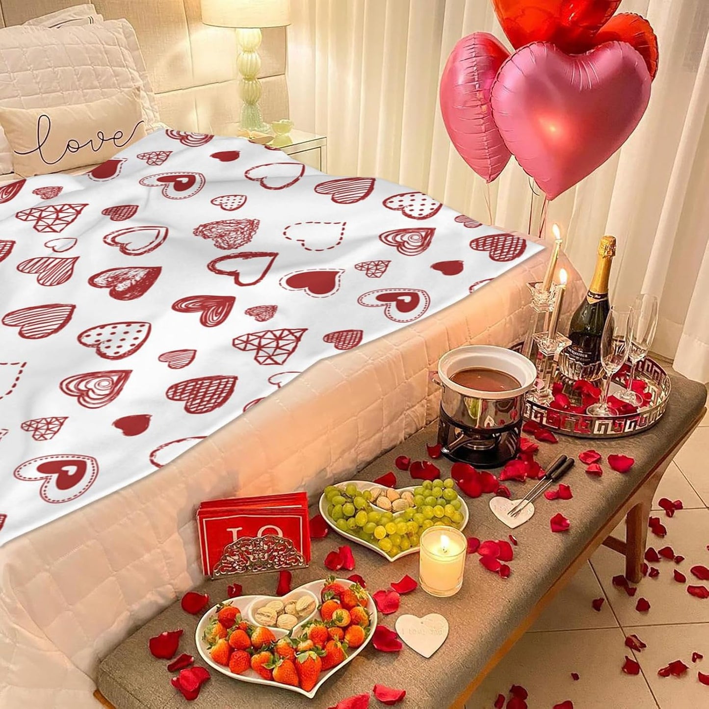 Valentine's Day Red Love Hearts Blanket, Lightweight Anti-Pilling Fleece Blanket, Wedding Anniversary Birthday Gifts for Wife Girlfriend, Soft Throw Blankets for Bed Couch Sofa Chair, 60 x 50 Inch
