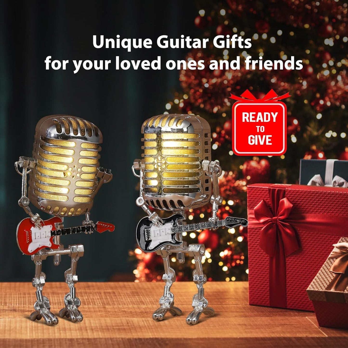 Vintage Microphone Guitar Robot Lamp, Music Gifts for Men, Cool Gifts for Music Lovers, Vintage Light Home Decor Nightstand Desk Lamp for Bedroom, Music Studio (Red)