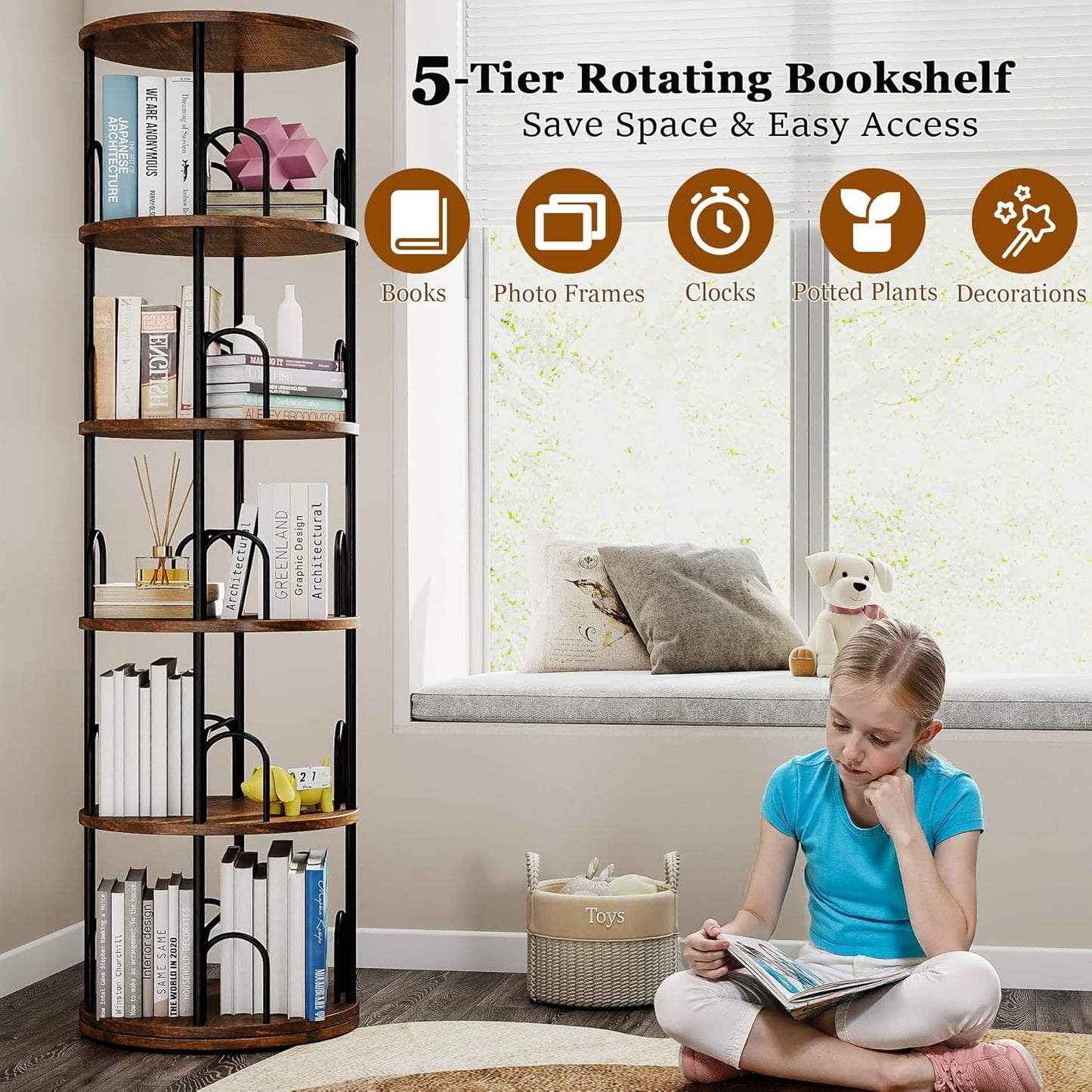 5-Tier Rotating Bookshelf, 360° Round Spinning Book Shelf Tower, Tall Skinny Wood & Metal Bookshelf for Corner/Office/Home, Modern Industrial Vintage Style