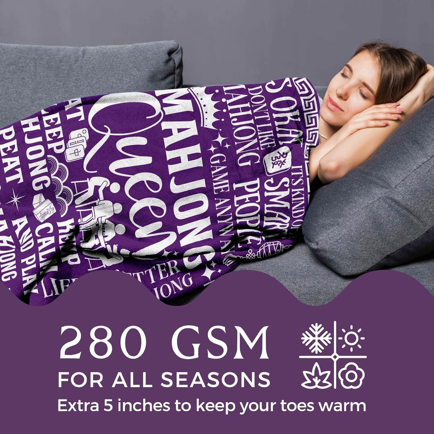 Mahjong Gifts for Women, Funny Mahjong Flannel Throw Blanket for Mahjongg Lovers, 50 x 65 Inch, Skin Friendly, Novelty Mahjongg Throw Blanket - Purple