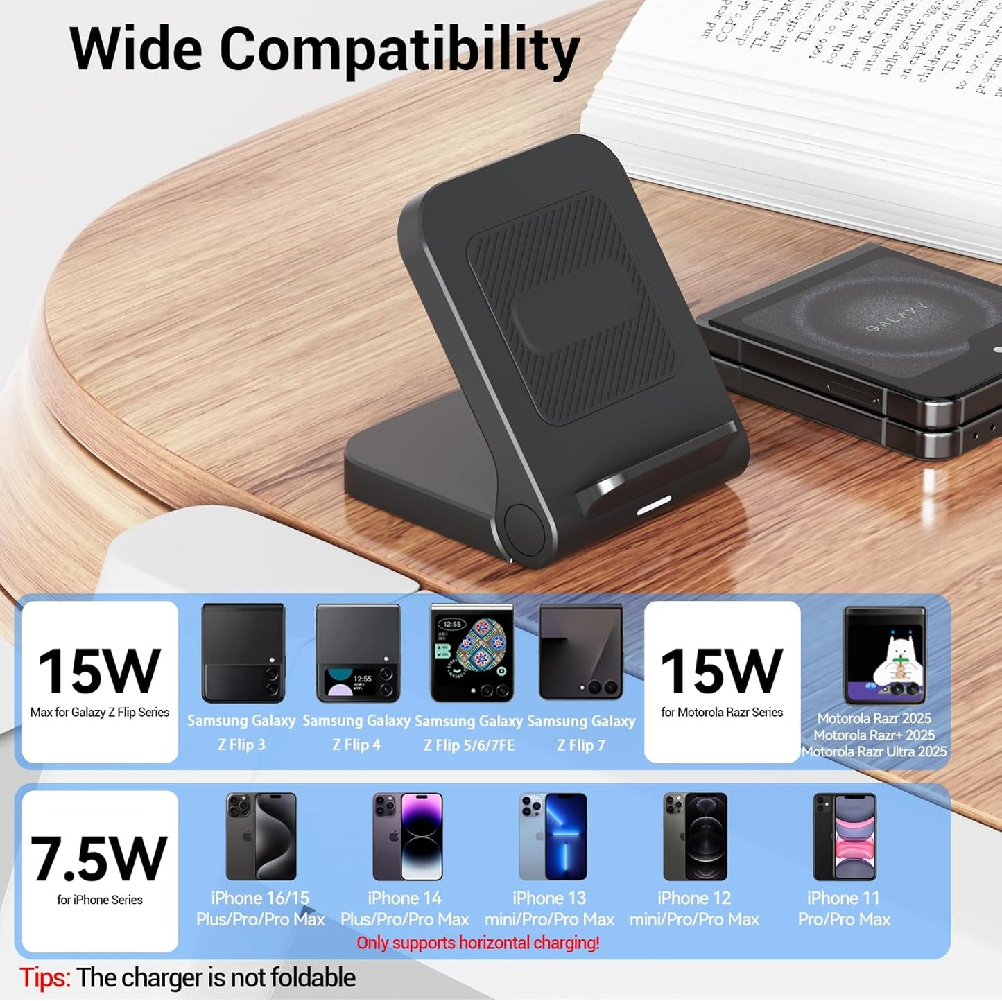 Geyo Wireless Charger for Samsung Galaxy Z Flip, 15W Fast Wireless Charging Stand, Compatible with Z Flip 7/6/5/4, for Motorola Razr/Razr+/Razr Ultra 2025, Non-Fold (QC3.0 Adapter Included) Black