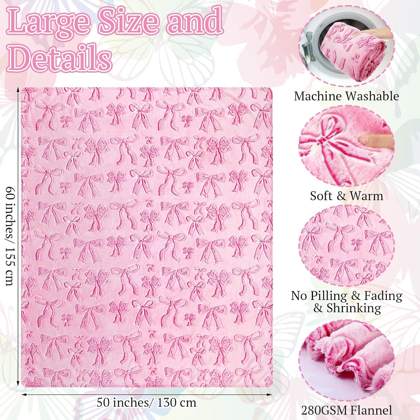 Bow Blanket Glow in The Dark Blanket Soft Cozy Flannel Glow Throw Warm Luminous Throw Gift for Girls Boys Women Men Nursery Bed Sofa Couch Travel Birthday, 50" x 60" (Pink)