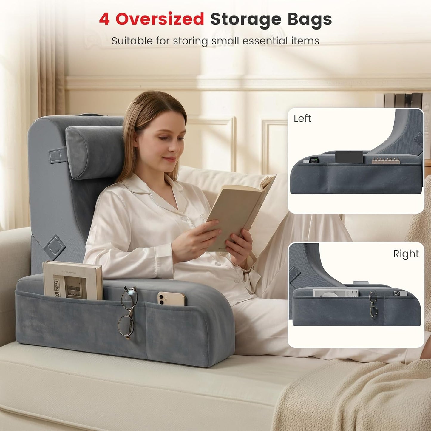 Reading Pillow for Sitting in Bed Adult, 20" Back Pillow for Bed Sitting up with Armrests & Storage Pockets, Ergonomic Wedge Pillow for Watching TV, Gaming, Working, Recovery, 5PCS, Grey