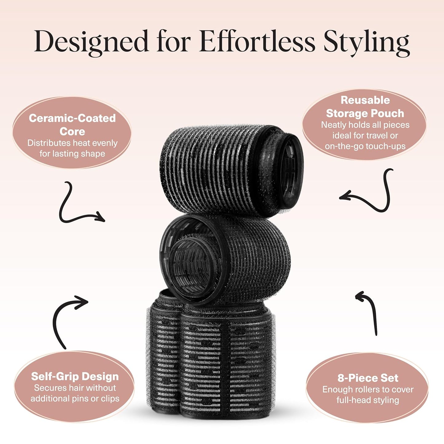 Kitsch Ceramic Thermal Hair Rollers for Women – Self Grip Hair Curlers for Heatless Curls Overnight, Long Lasting Frizz-Free Curls Volumizing Large Rollers for All Hair Types - Black, 8pcs