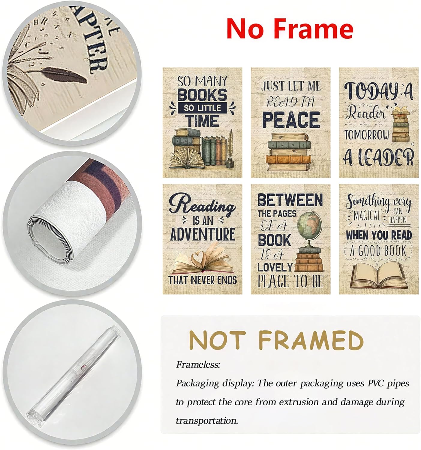 6Pcs Vintage Reading Comprehension Canvas Wall Art Retro Book Motivational Posters Prints Book Cover Wall Decor Pictures Artwork for Classroom Book Club Library Home Decoration 8''x10'' Unframed