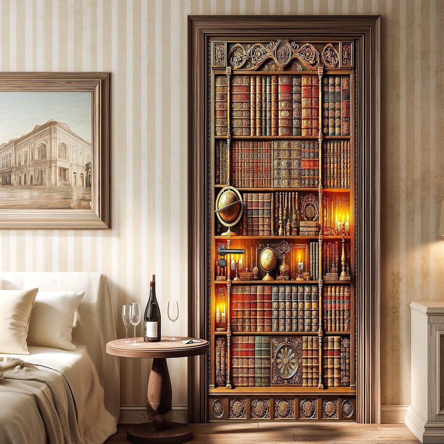 Vintage Bookshelf Door Sticker Classic Library Bookcase Mural Self Adhesive PVC Removable Door Decal for Home Office Bedroom Decoration 30.3 x 78.7 in