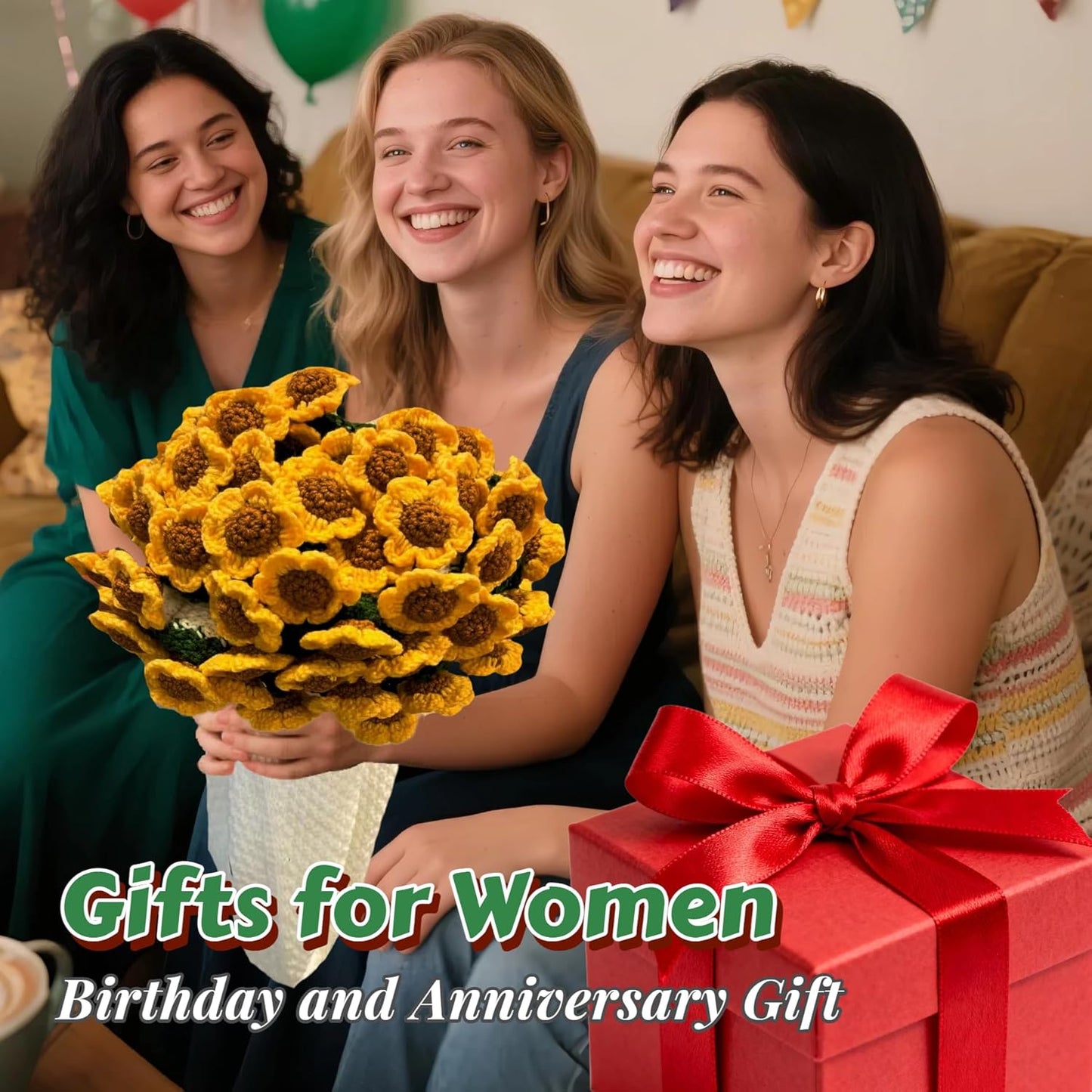 Crochet Flower Bouquet Blanket for Women-Handmade Crochet Sunflower Bouquet Blanket,Soft and Lightweight Knitted Throw Blankets, Gifts for Birthday Christmas Valentine’s Day(31in)