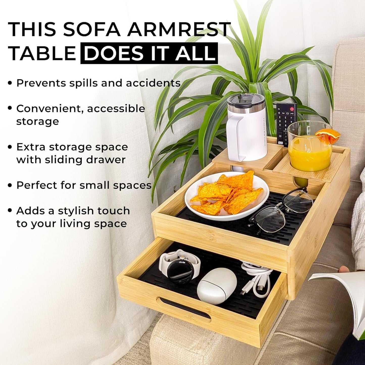 7-in-1 Sofa Armrest Tray with Drawer, Clip-On Side Table for Wide Armrest, TV Organizer with Cup Holder, Phone Stand, Remote Storage, Drinks, Snacks, and Accessories