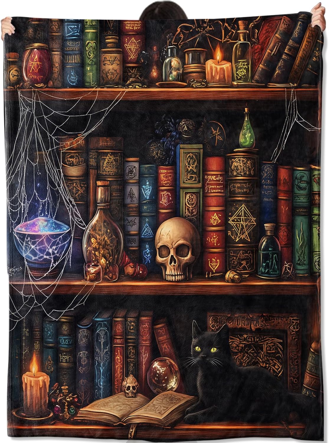 Gothic Library Blanket Gifts for Women Adult Girls,Goth Witches Bookshelf Throw Blankets,Soft Comfy Lightweight for Home Halloween Couch Bed Sofa Decor Skulls Black Cat Potions Design 50x60in