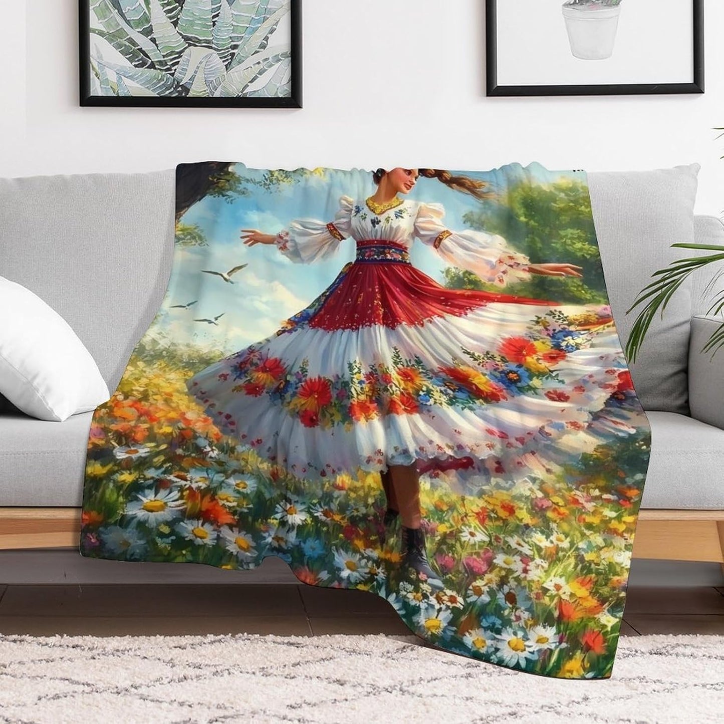 Ukrainian Woman Flower Field Throw Blanket for Couch Bed Plush Cozy Fuzzy Flannel Blanket for All Season 60"x80"