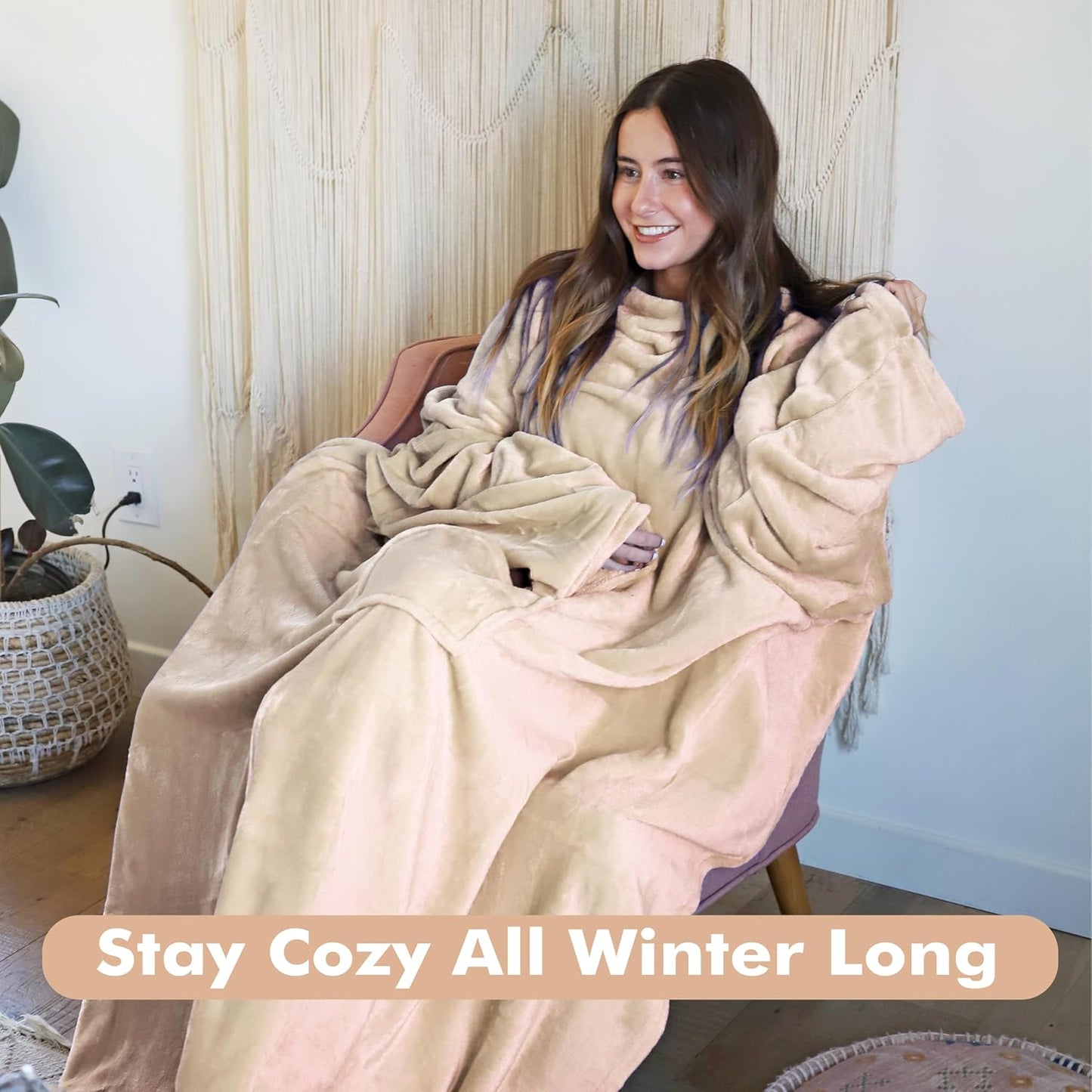 Tirrinia Wearable Blanket Adult, Sunggle Blanket With Sleeves, Reading Full Blanket, Cozy TV Blanket, Gift Idea for Women Men Mom, Latte
