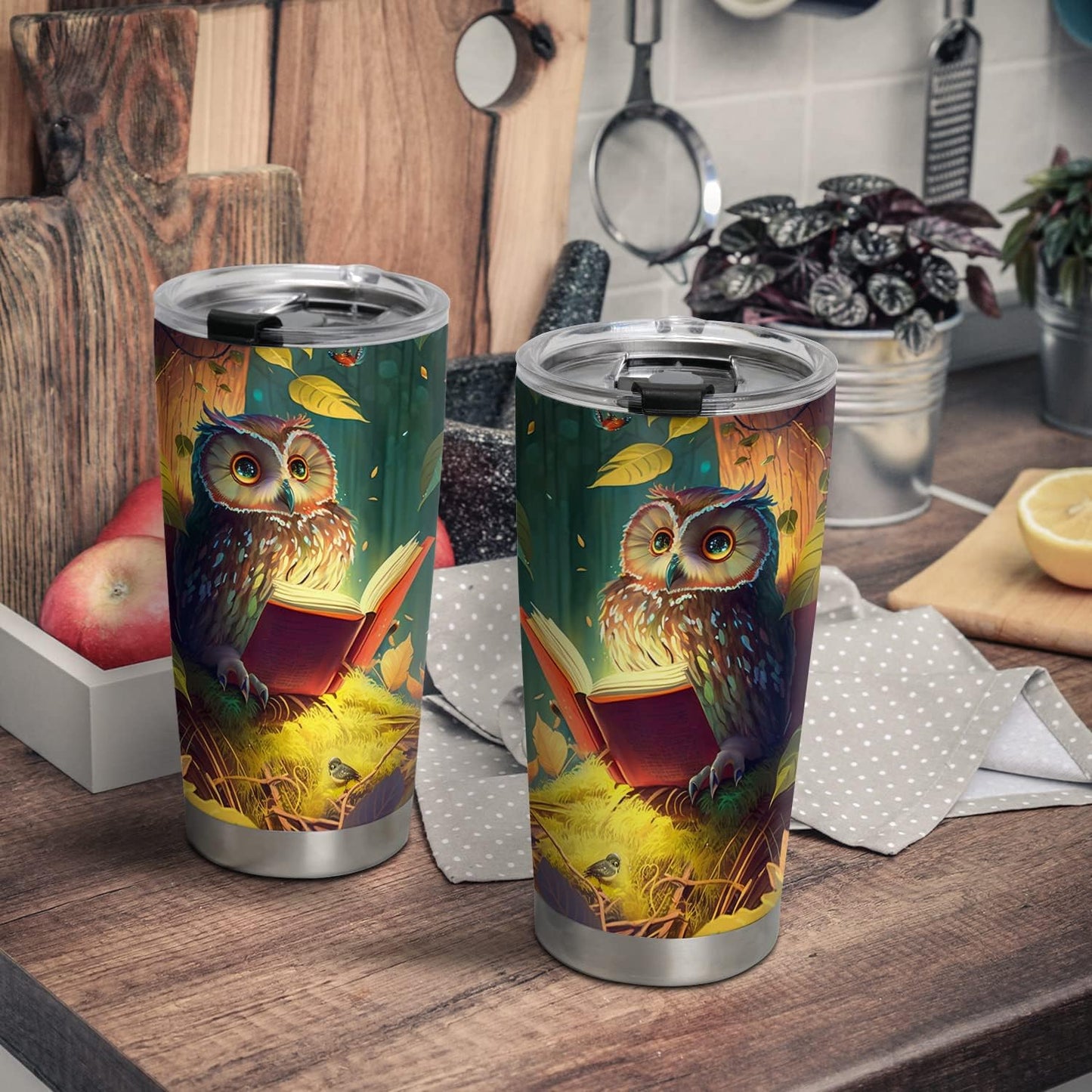20oz Cute Books Owl Tumbler, Gifts for Owl Lovers, Librarian, Reading Gifts, Café Tumbler for Women, Stainless Steel Double Wall Vacuum Insulated Coffee Mug, Travel Cup with Lid