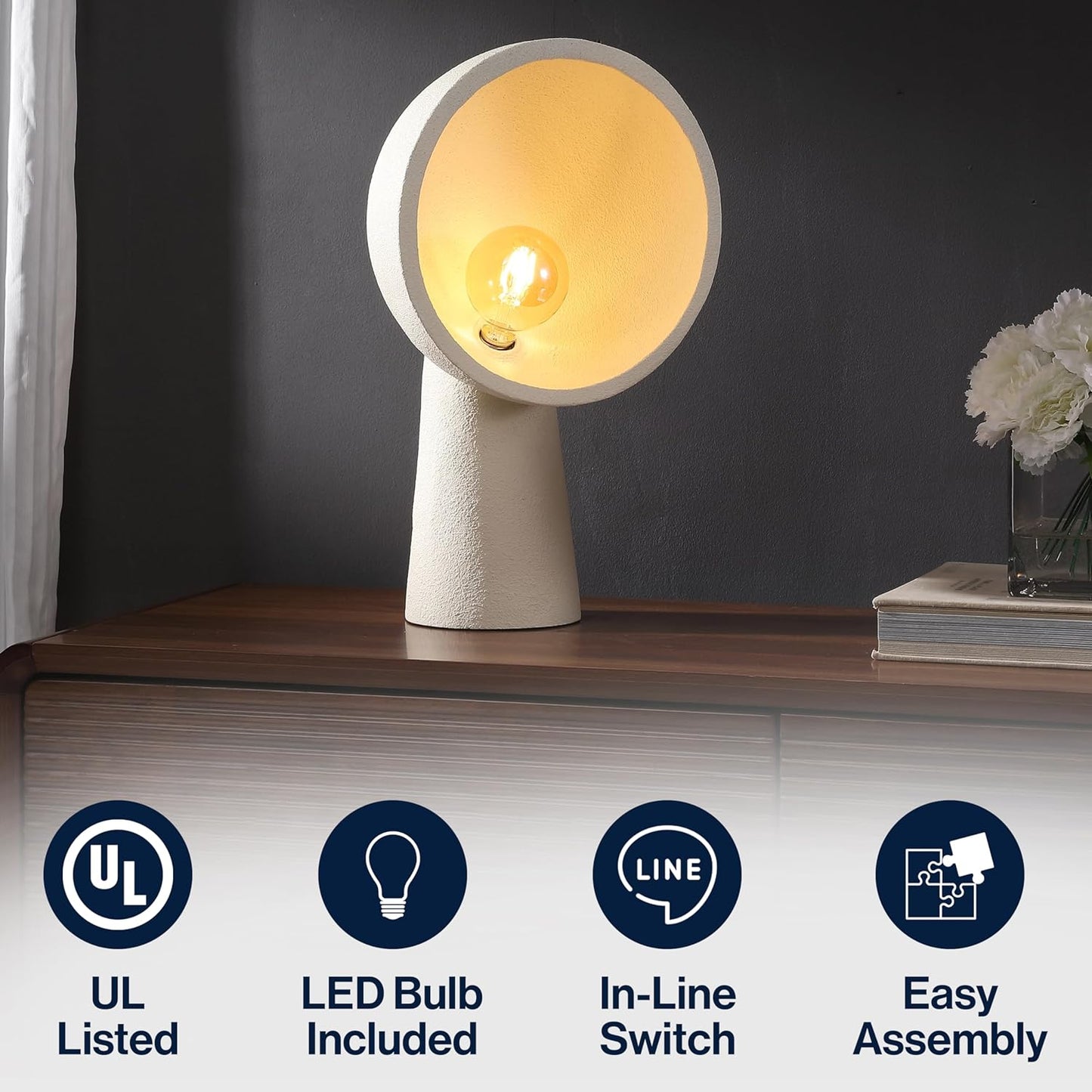 JONATHAN Y 17.5" Cream Resin Contemporary Minimalist Half-Globe Column LED Table Lamp, Modern Industrial Tapered Bedside Lamp for Living Room, LED Bulb Included JYL6314A