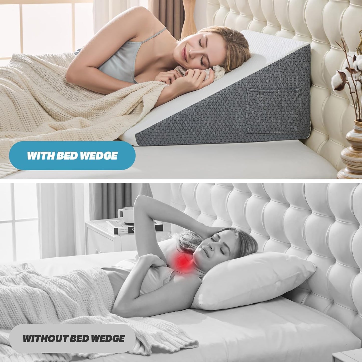 Yojoker Wedge Pillow for Sleeping - 12 Inch Bed Wedge for Headboard Triangle Pillow, Memory Foam Wedges for Acid Reflux, GERD, Snoring, Post Surgery Back Pain Relief, Leg Elevation, Washable Cover