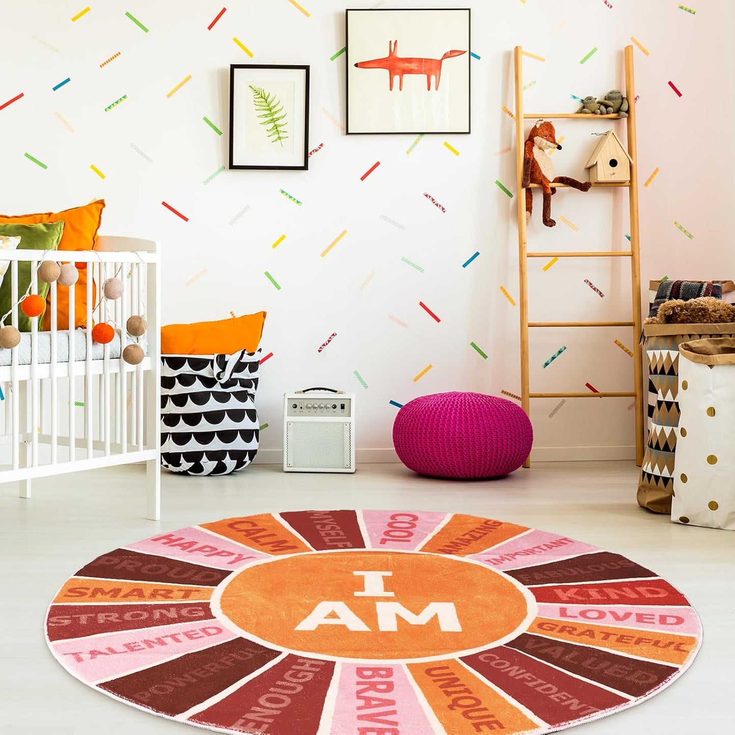 Boho Round Rug 4 Ft Retro Colorful Sun Rainbow Positive Words Area Rug Soft Motivational Carpet for Back to School Classroom Home Kindergarten Dorm Bedroom Reading Nook Playroom Decor