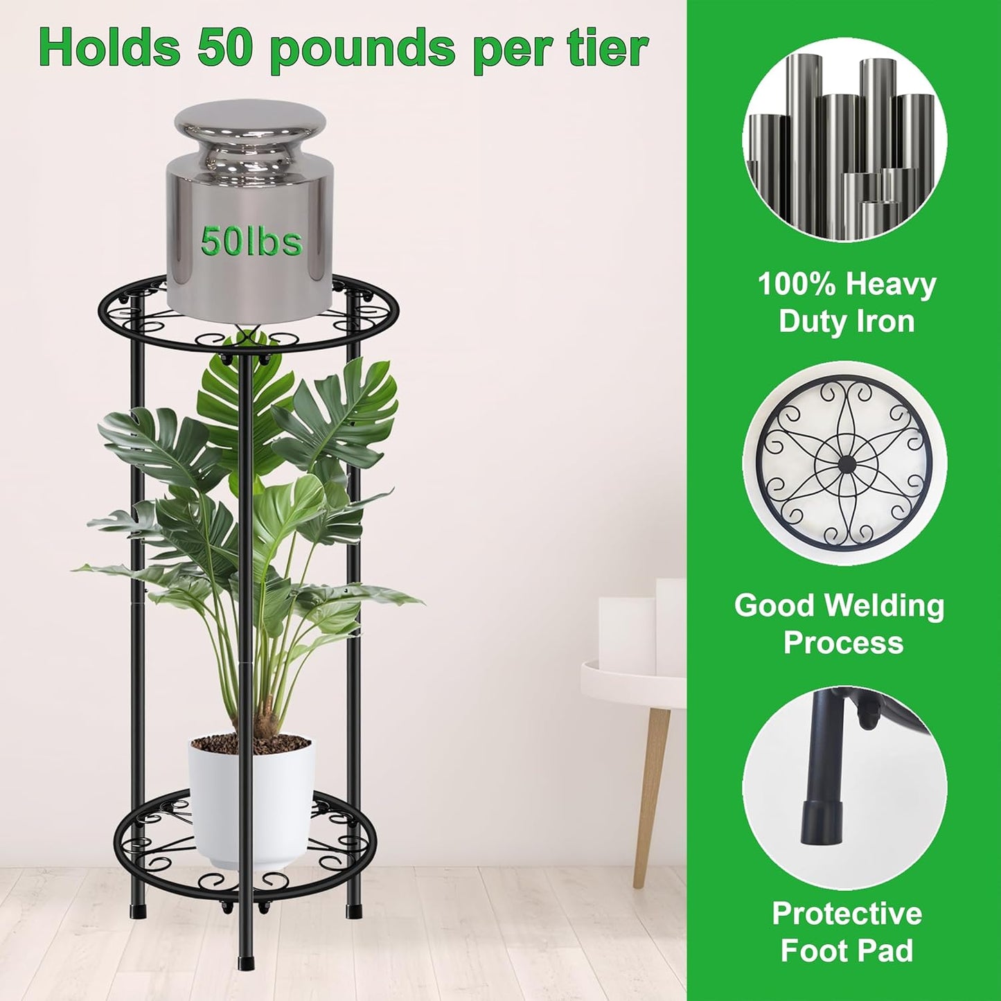 CASIMR Plant Stand Indoor Outdoor, Metal Rustproof Flower Shelf 2 Tier 23.9 inch, Tall Multiple Plant Pot Holder Rack for Garden Patio Living Room Corner Balcony, Black