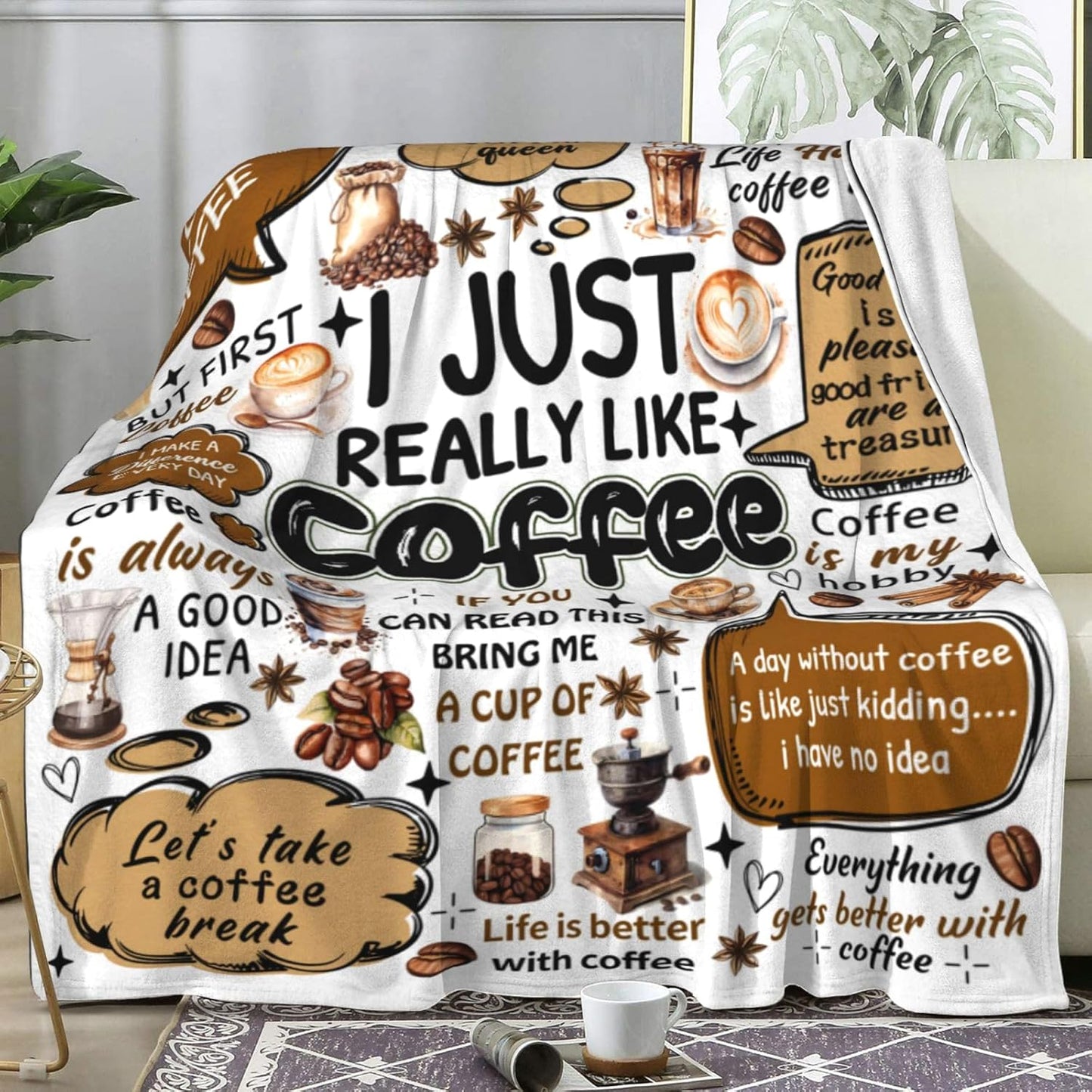 Coffee Blanket Cafe Gift for Girls Women,Coffee Cup Beans Throw Blankets,Funny Gift for Lovers 60"x50"