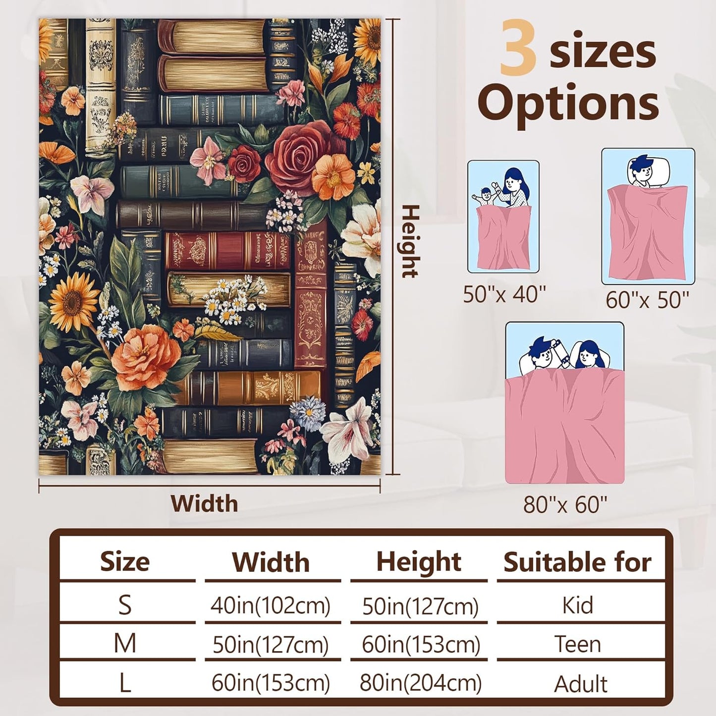 Vintage Books Fall Throw Blanket,Retro Flowers Cozy Plush Fluffy Blanket for Living Room Decor,Lightweight Fleece Throws for Couch,Bed,Traveling,Naps,Reading,50 X 60 Inch