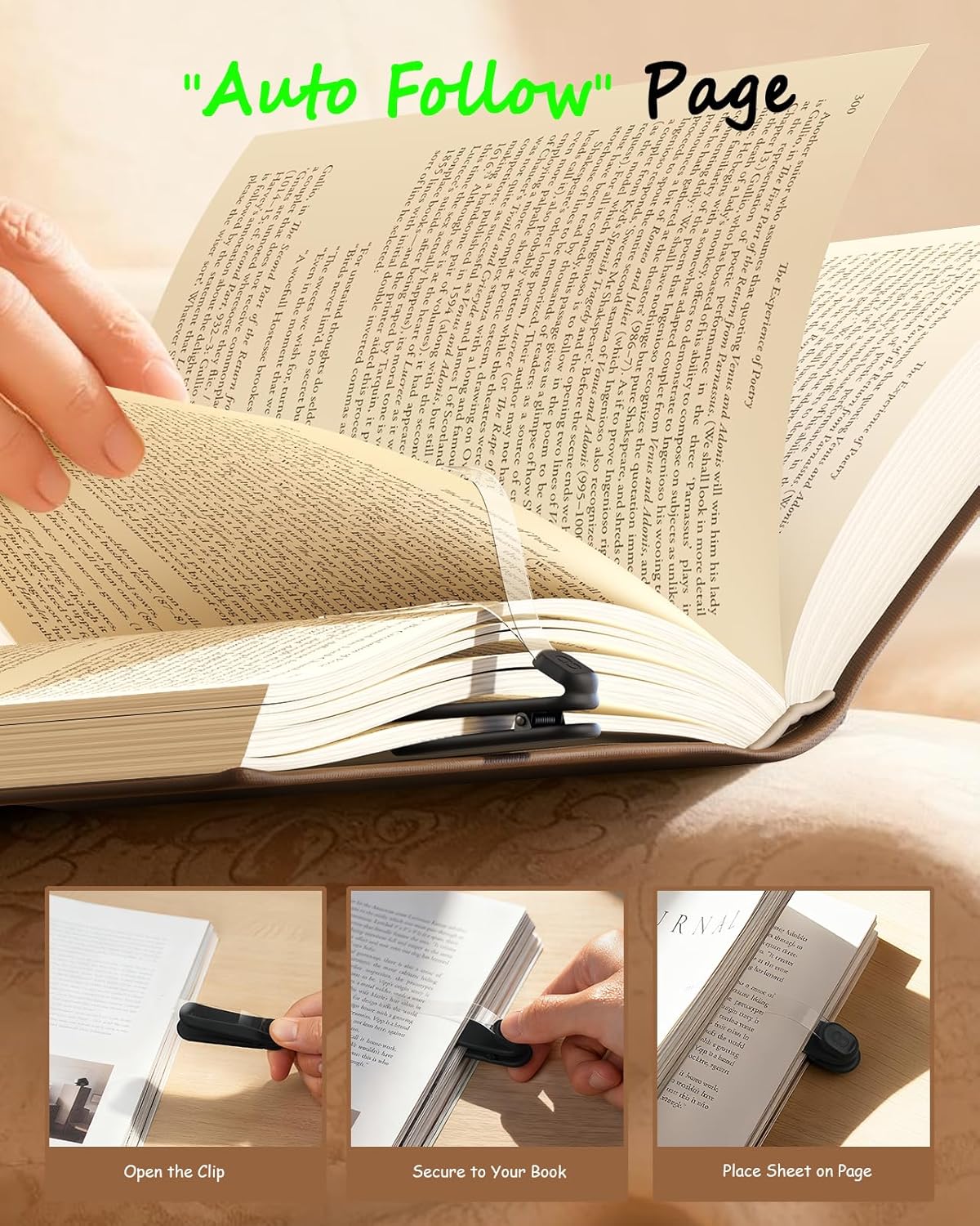 Lamicall Automatic Page-Turning Bookmark [3-Pack] - Hands-Free Transparent Book Marker for Hardcovers & Paperbacks, No-Slip Silicone Clip Reading Gifts Accessories for Students & Book Lovers (Black)