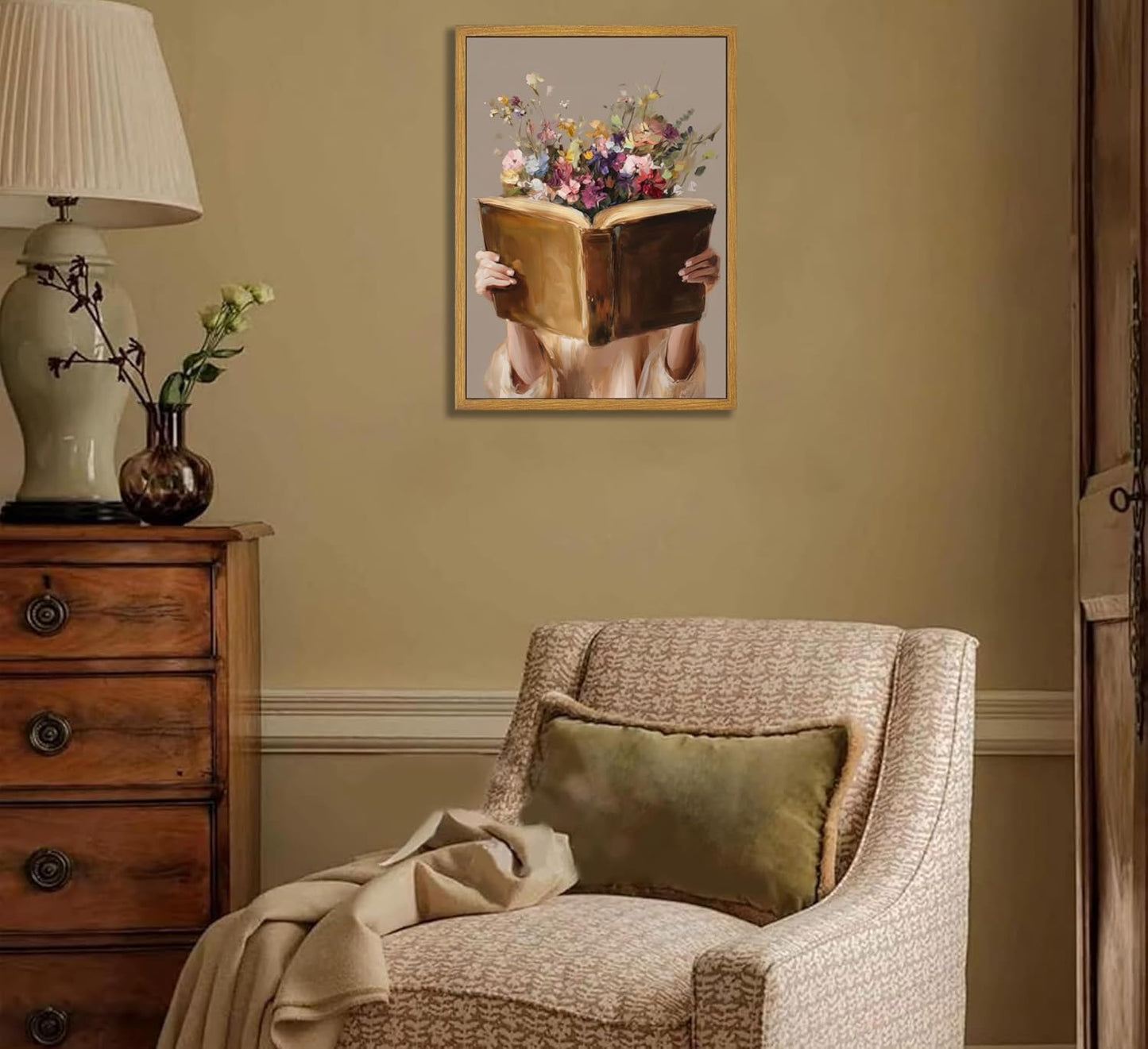 Framed Vintage Reading Woman Wall Art Floral Book Painting Picture Canvas Wall Decor Reading Aesthetic Poster Print Artwork for Library Living Room Dorm Bedroom Home Decoration