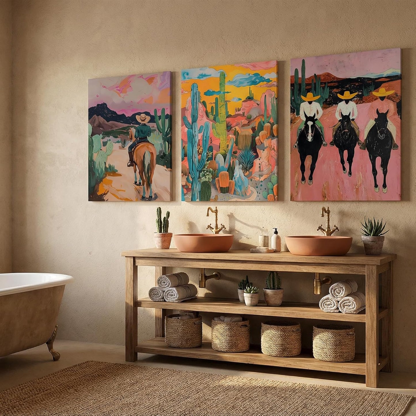 3pcs Western Cowboy Canvas Wall Art Abstract Cowboy Desert Cactus Wall Decor Pictures Vintage Wild Southwest Posters Prints Artwork for Living Room Bedroom Home Paintings Decoration Prepare To Hang