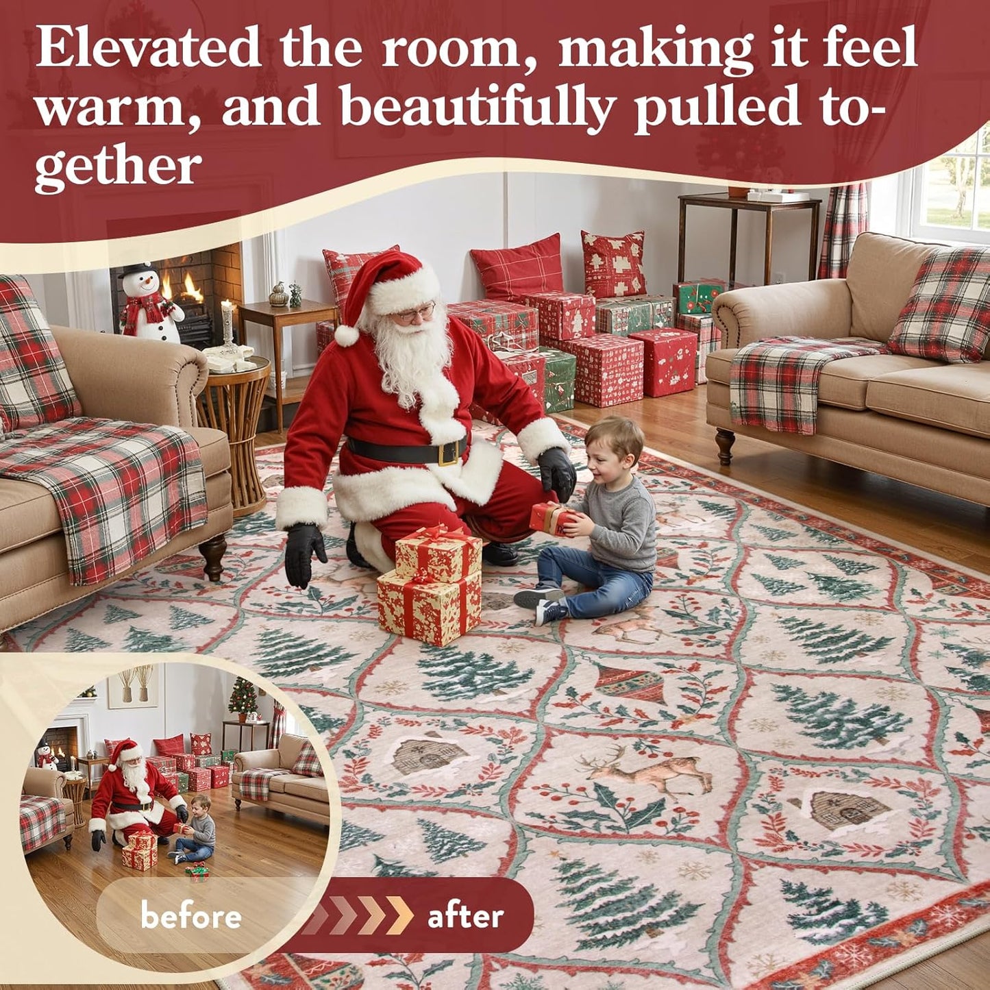 Lahome Christmas 8x10 Rugs for Living Room, Soft Christmas Bedroom Rug Print Reindeer Tree Carpet, Stain Resistance Non Shedding Indoor Carpet for Office Dining Room Xmas Decor (Beige/Red)