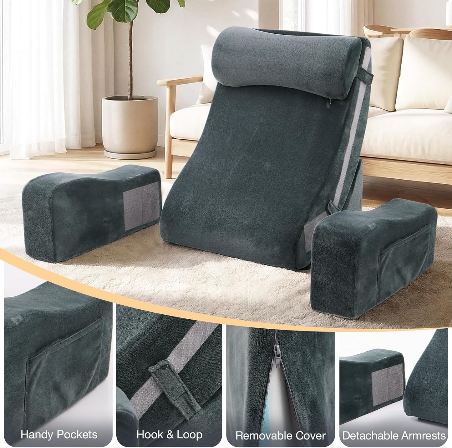 Sasttie Reading Pillow with Armrests, 15–25 Inch Adjustable Back Support Pillow for Bed Sitting Up, Memory Foam Back Rest Cushion Bed Chair for Reading, Gaming & Relaxing, Dark Grey