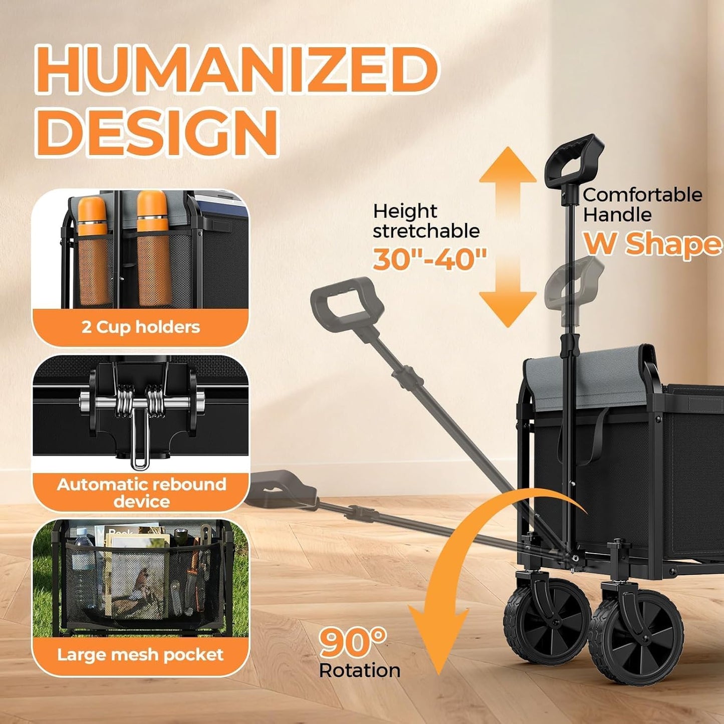 3-in-1 Portable Collapsible Wagon, Foldable Cart with Removable Side, Utility Groceries Wagon Cart for Dogs Pets Shopping Camping Beach Sports Gardeing Fishing, Black