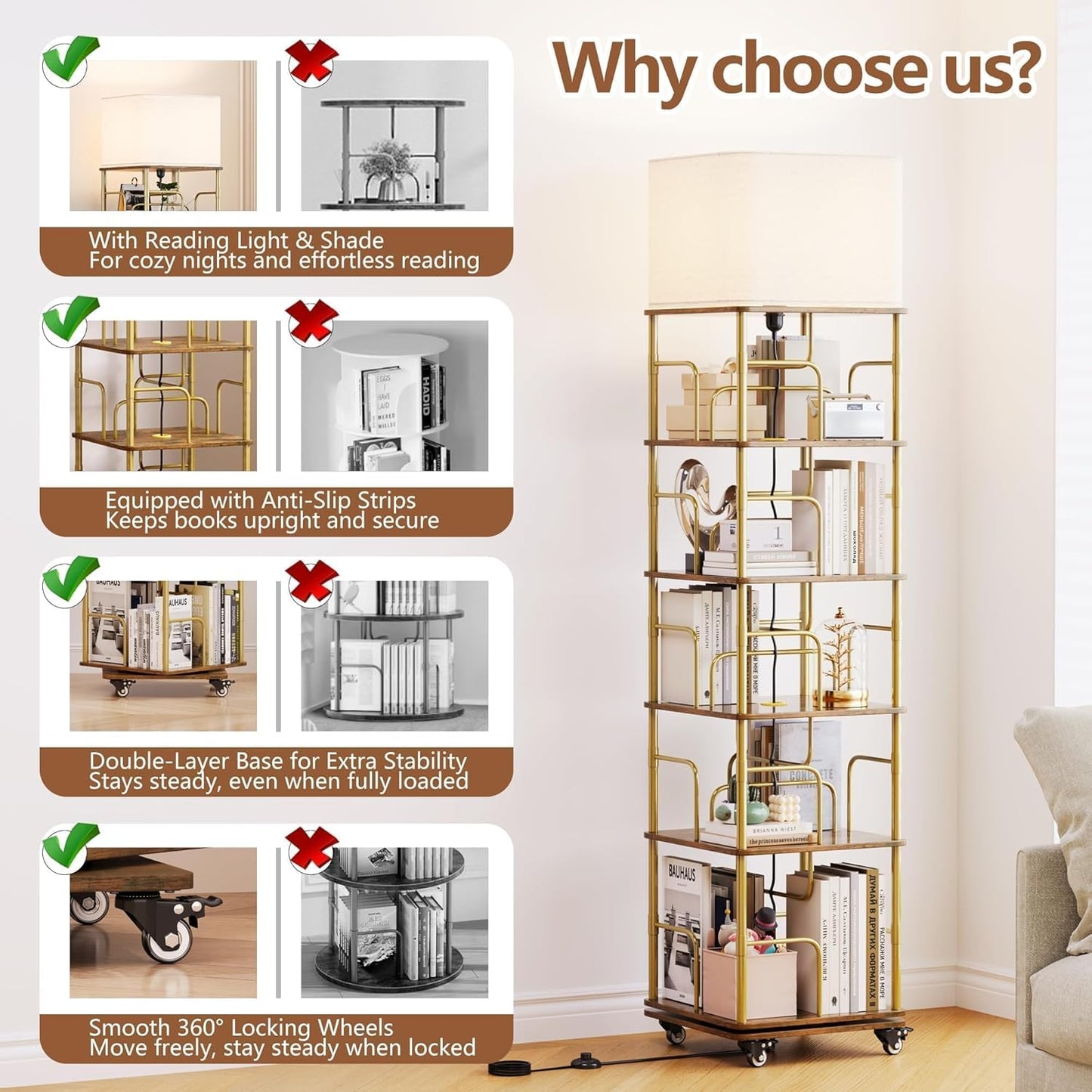 5 Tier Rotating Bookshelf with LED Light, 360 Degree Spinning Square Storage Shelf for Small Corner, Rotating Bookshelf Tower for Home, Rooms, Office (Gold+Brown)