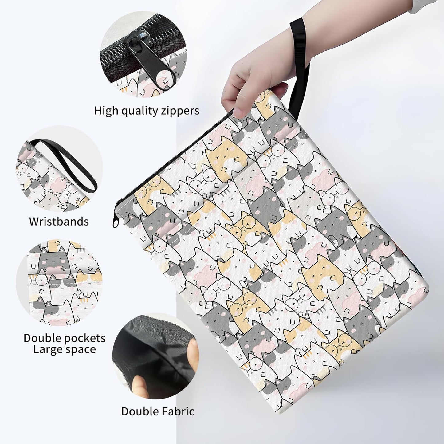 Book Sleeve, Funny Book Pouch, Cute Book Protector with Zipper and Front Pocket Handle Strap BookCover Case for Women Cute Colorful Cats