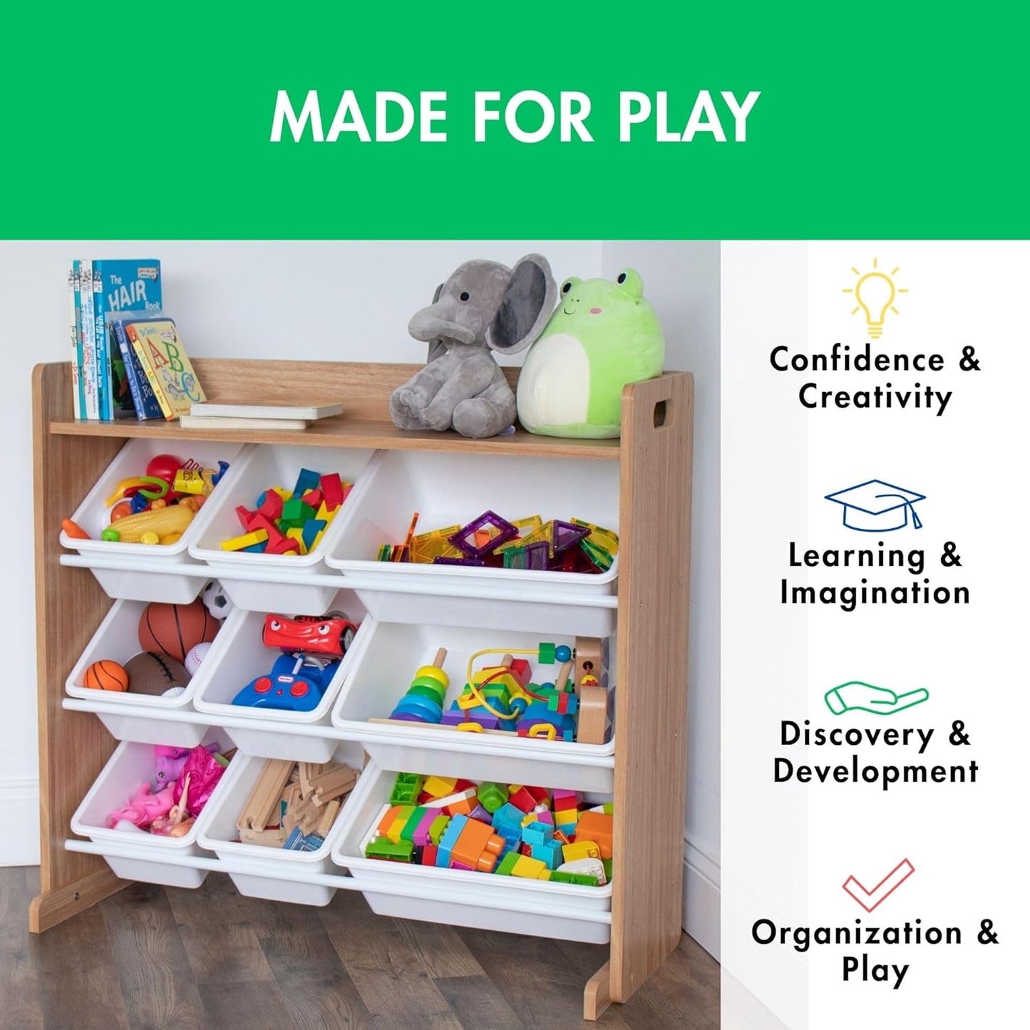 Humble Crew Toy Storage Organizer with Top Shelf and 9 Removable Bins, Natural/White – Toddler Bookshelf with Toy Organizer - Modern Toy Rack Ideal for Kids' Rooms, Playrooms, and Nurseries
