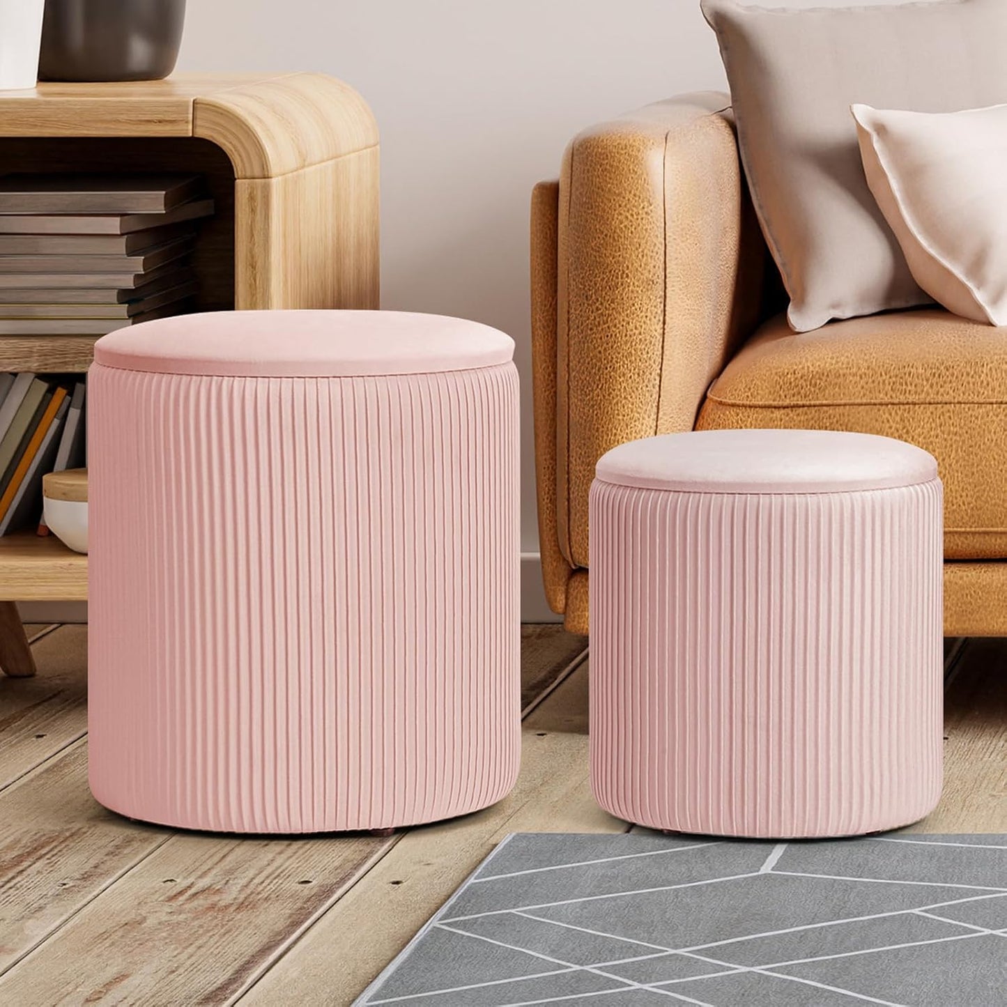 Ottoman with Storage, 2 Set Round Velvet Vanity Stool, Storage Ottoman for Bedroom Living Room, Modern Multifunctional Coffee Table Foot Stool for Dorm (Pink)
