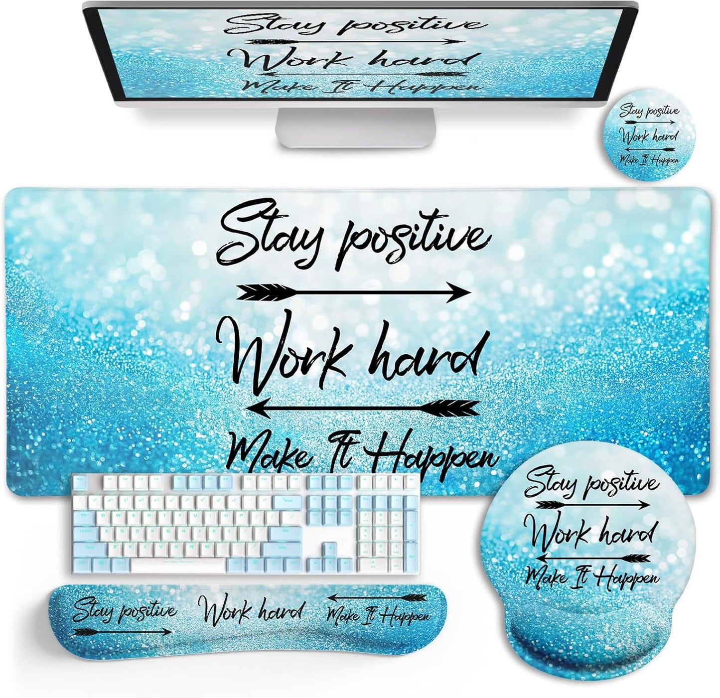 Desk Mat Pad, XXL Large Gaming Mouse Pad with Wrist Rest Wrist Support, Ergonomic Mouse Pad, Keyboard Wrist Rest, Coaster, Home Office Desk Accessories Decor Supplies, Stay Positive